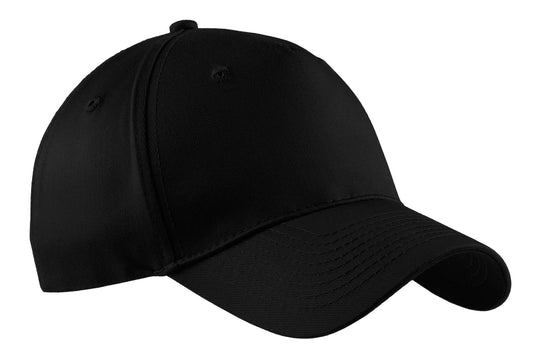 Black Port Authority five-panel twill cap with flat brim, featuring adjustable strap and structured crown.