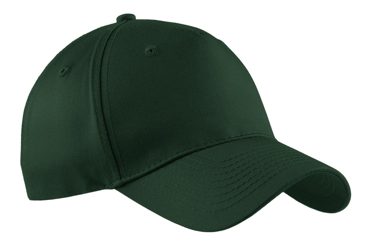 Port Authority five-panel twill cap in hunter green with a flat front design and adjustable strap.