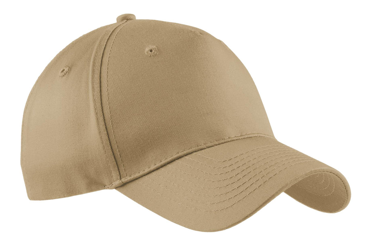 Khaki Port Authority five-panel twill cap with flat front, showing a casual, structured baseball-style hat for men or women.