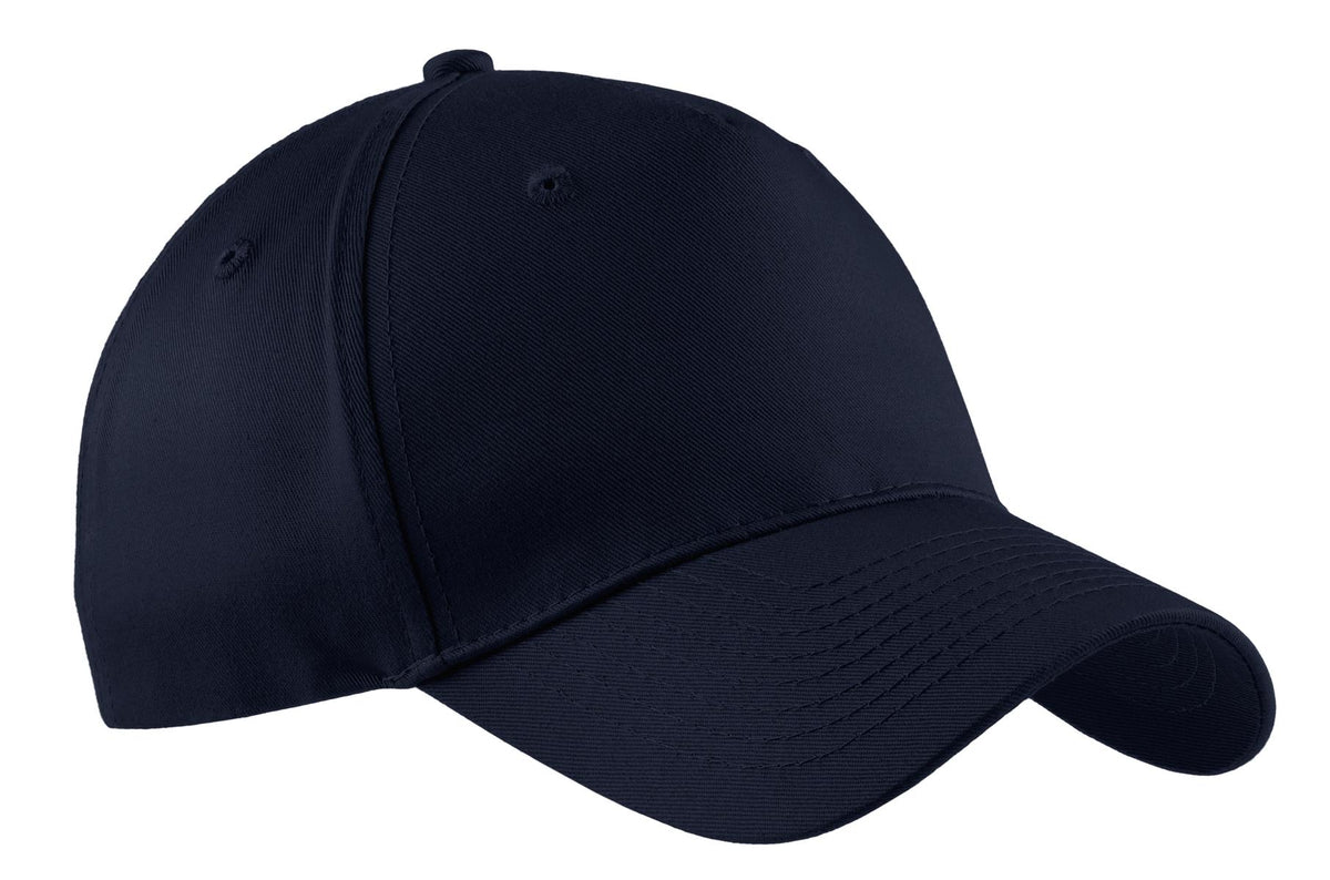 Navy Port Authority five-panel twill cap with flat front, adjustable strap, and branding detail.