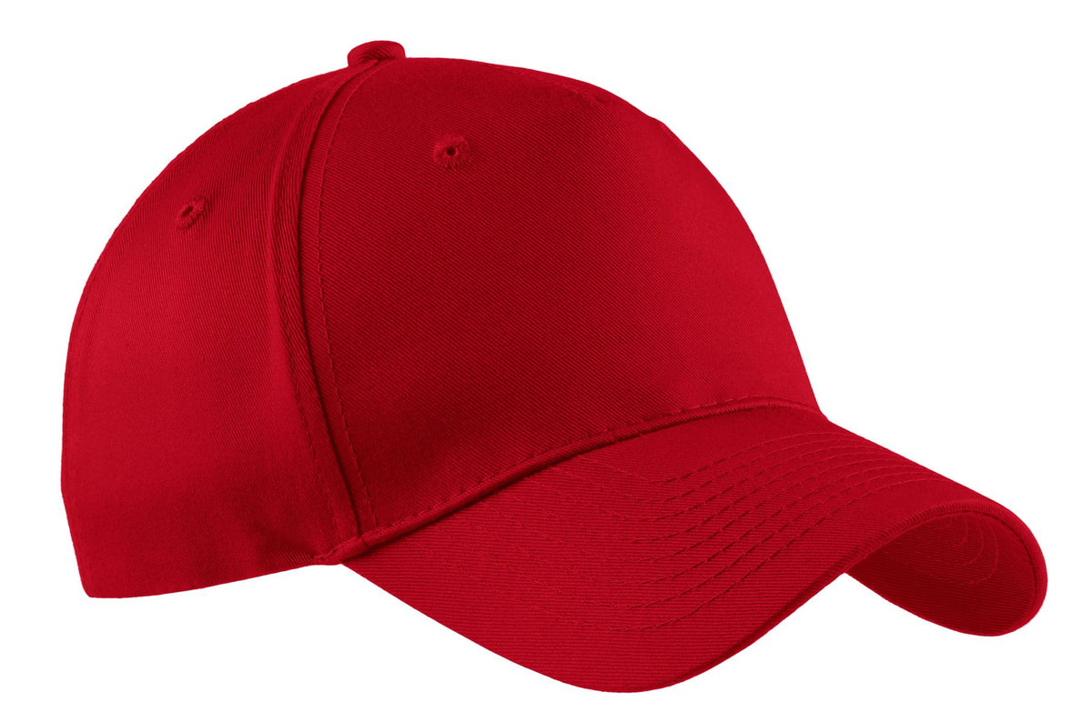 Red Port Authority five-panel twill cap with flat brim, front view showing the classic casual style and adjustable strap.