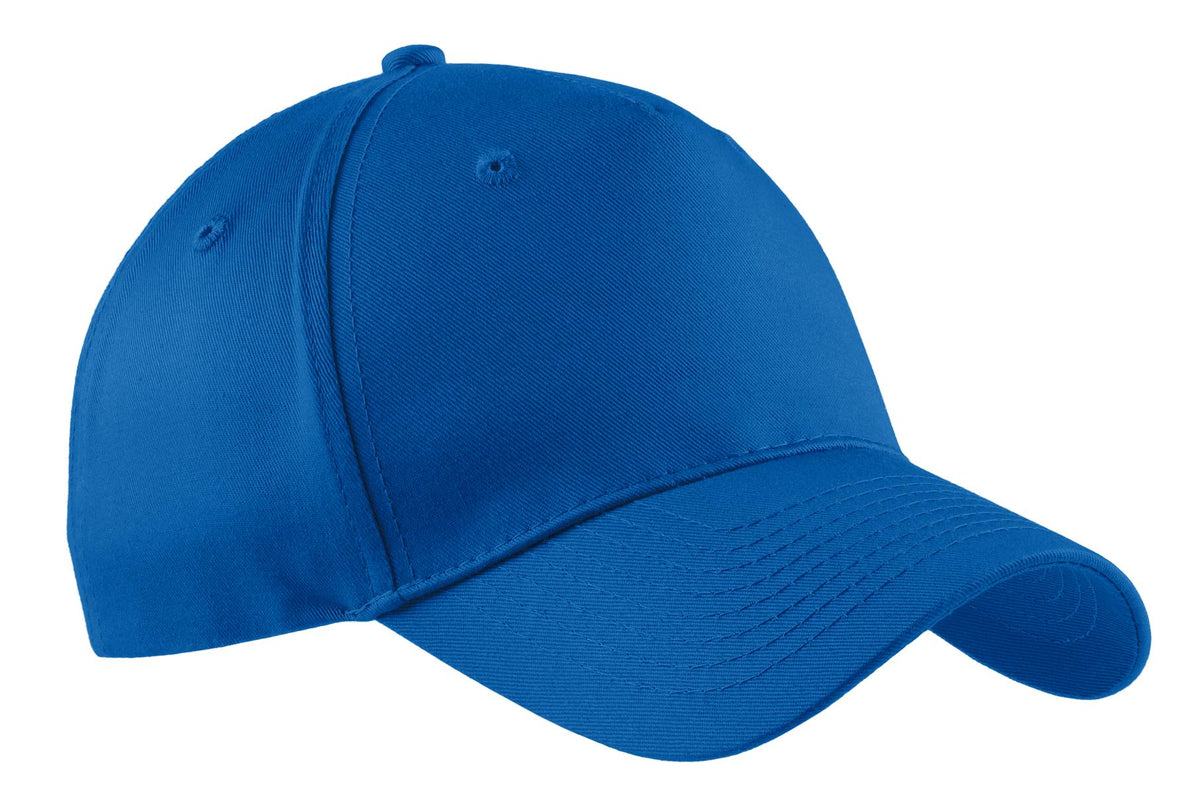 Royal blue Port Authority five-panel twill cap with flat front, adjustable strap, and stitched eyelets for ventilation.