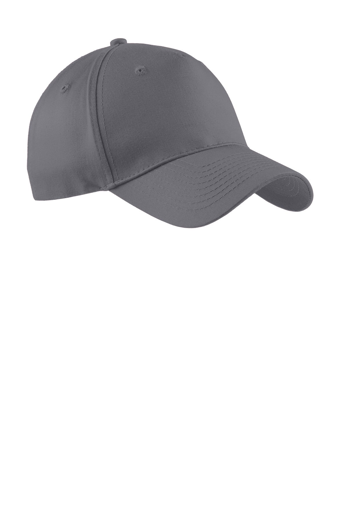 Charcoal Port Authority five-panel twill cap with flat front, adjustable strap, and structured design.