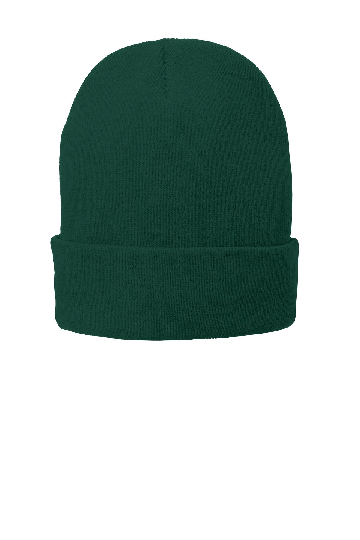 Port Authority fleece-lined knit cap in athletic green, front view showing soft fleece interior and comfortable knit exterior.