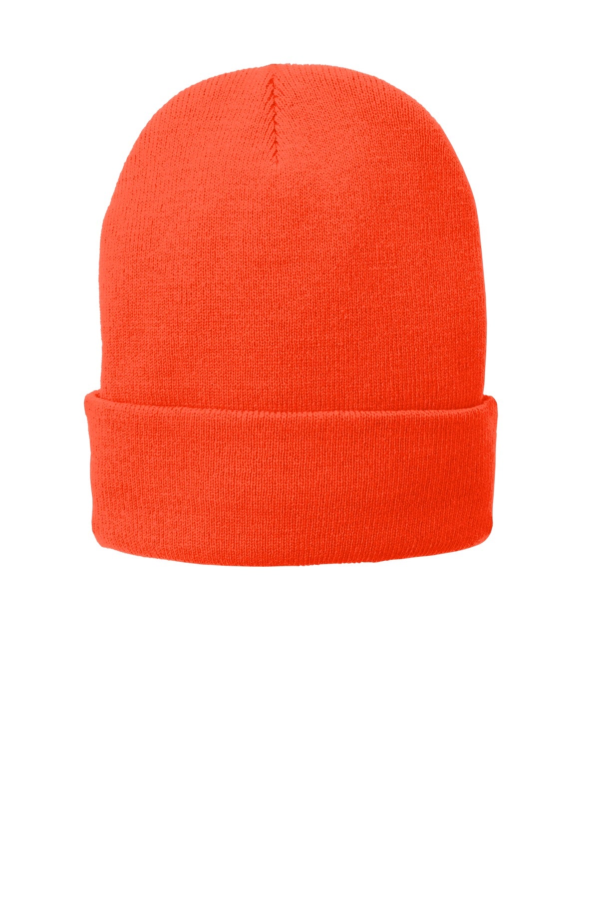 Port Authority fleece-lined knit cap in athletic orange, showing the front view with a snug, warm winter hat.