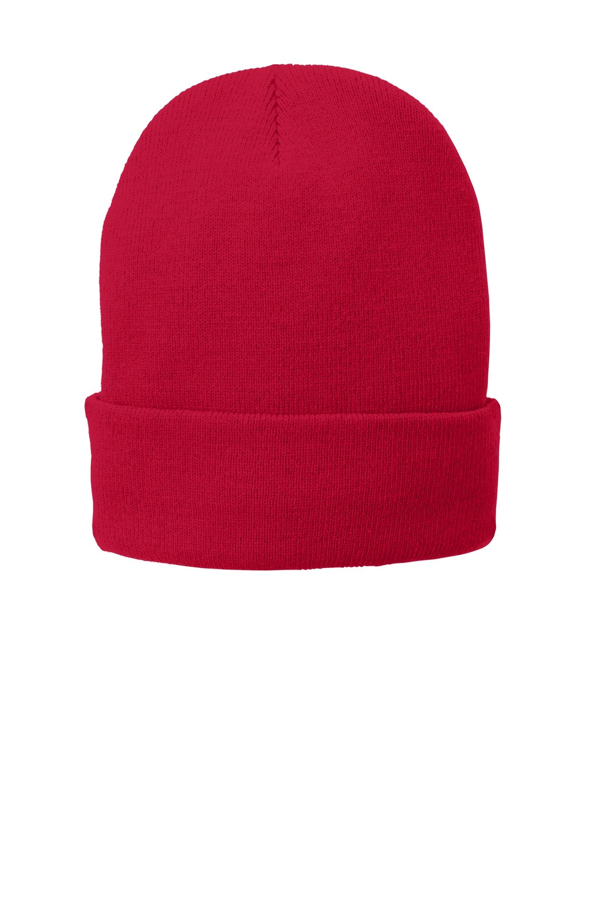 Port Authority fleece-lined knit cap in athletic red, front view showing cozy interior and ribbed knit exterior.