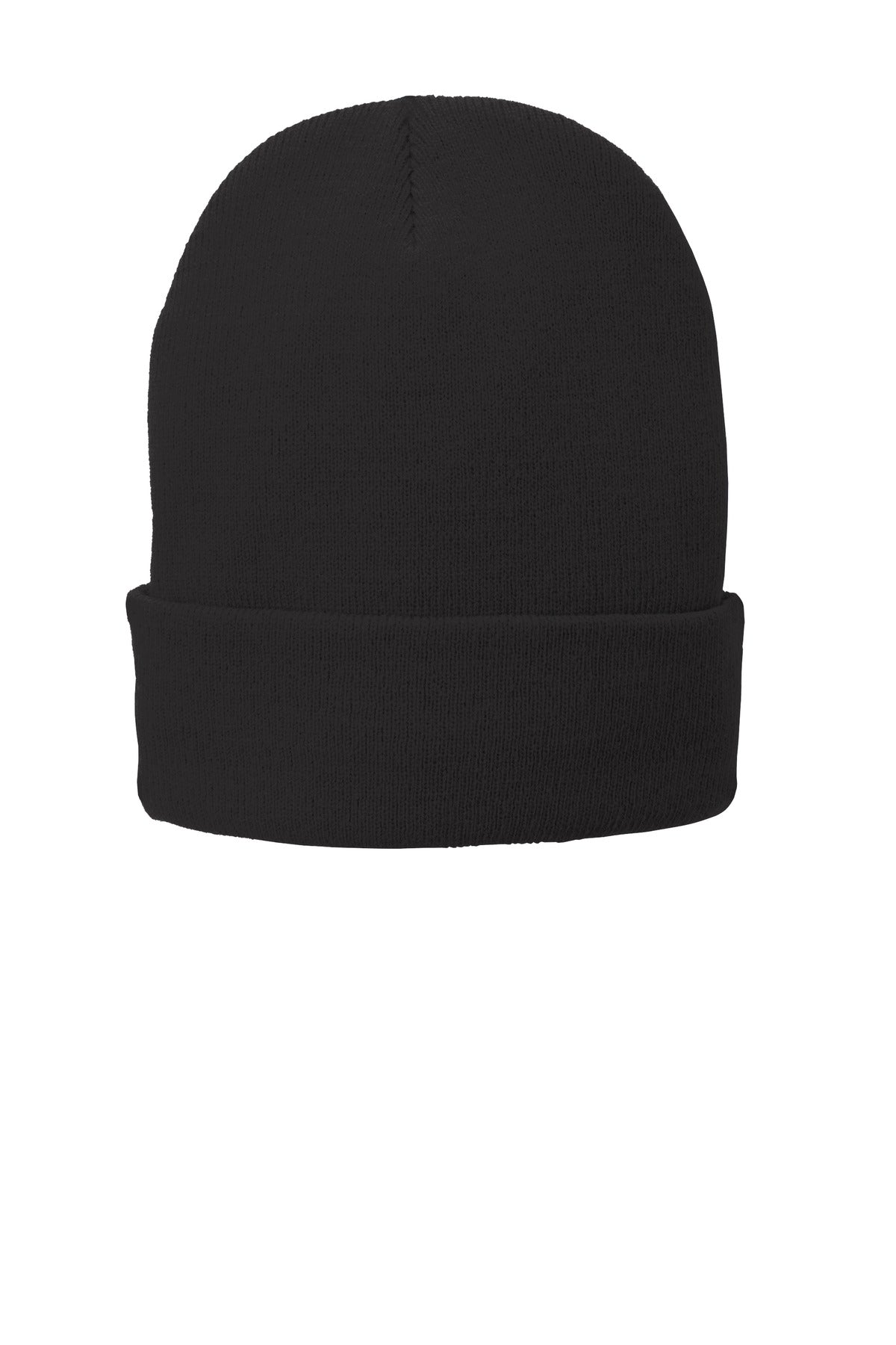 Black Port Authority fleece-lined knit cap with a snug fit, perfect for cold weather and outdoor activities.