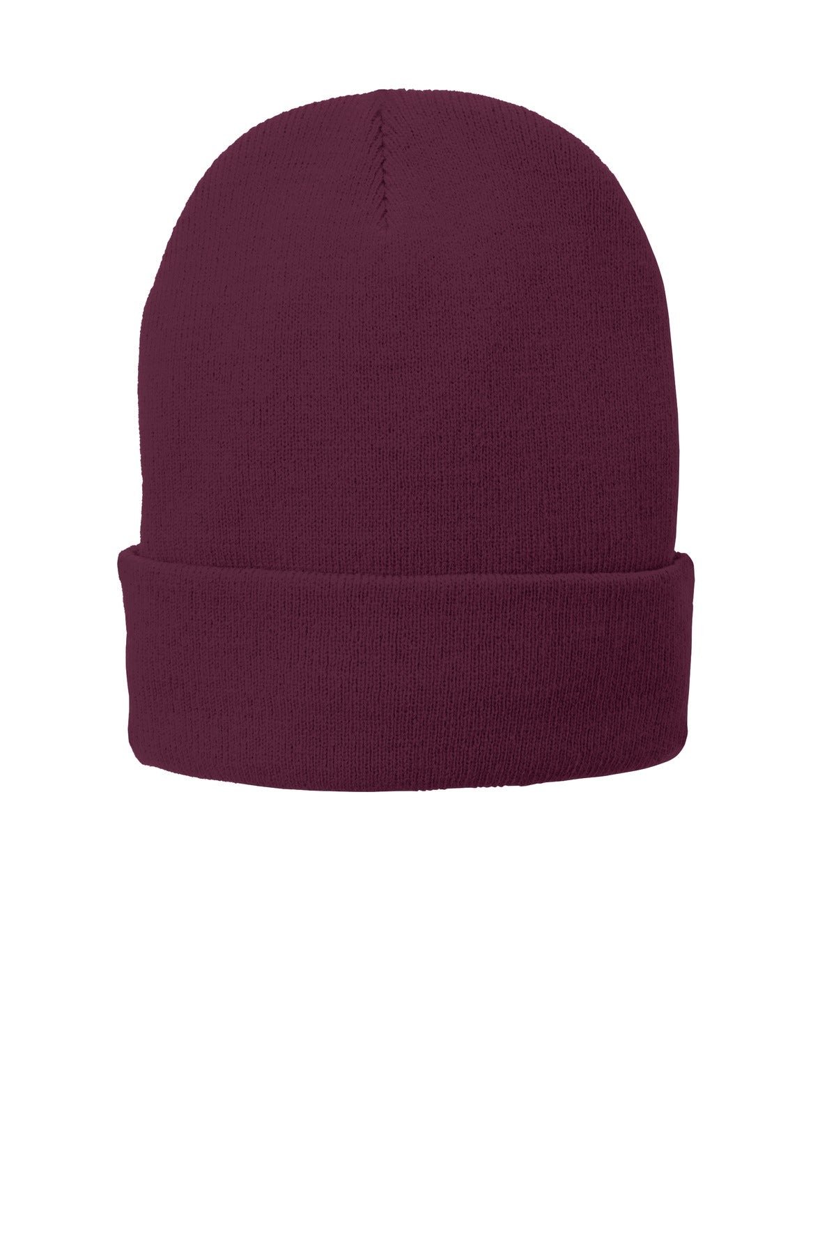 Maroon Port Authority fleece-lined knit cap with ribbed design, front view showing warm winter headwear.