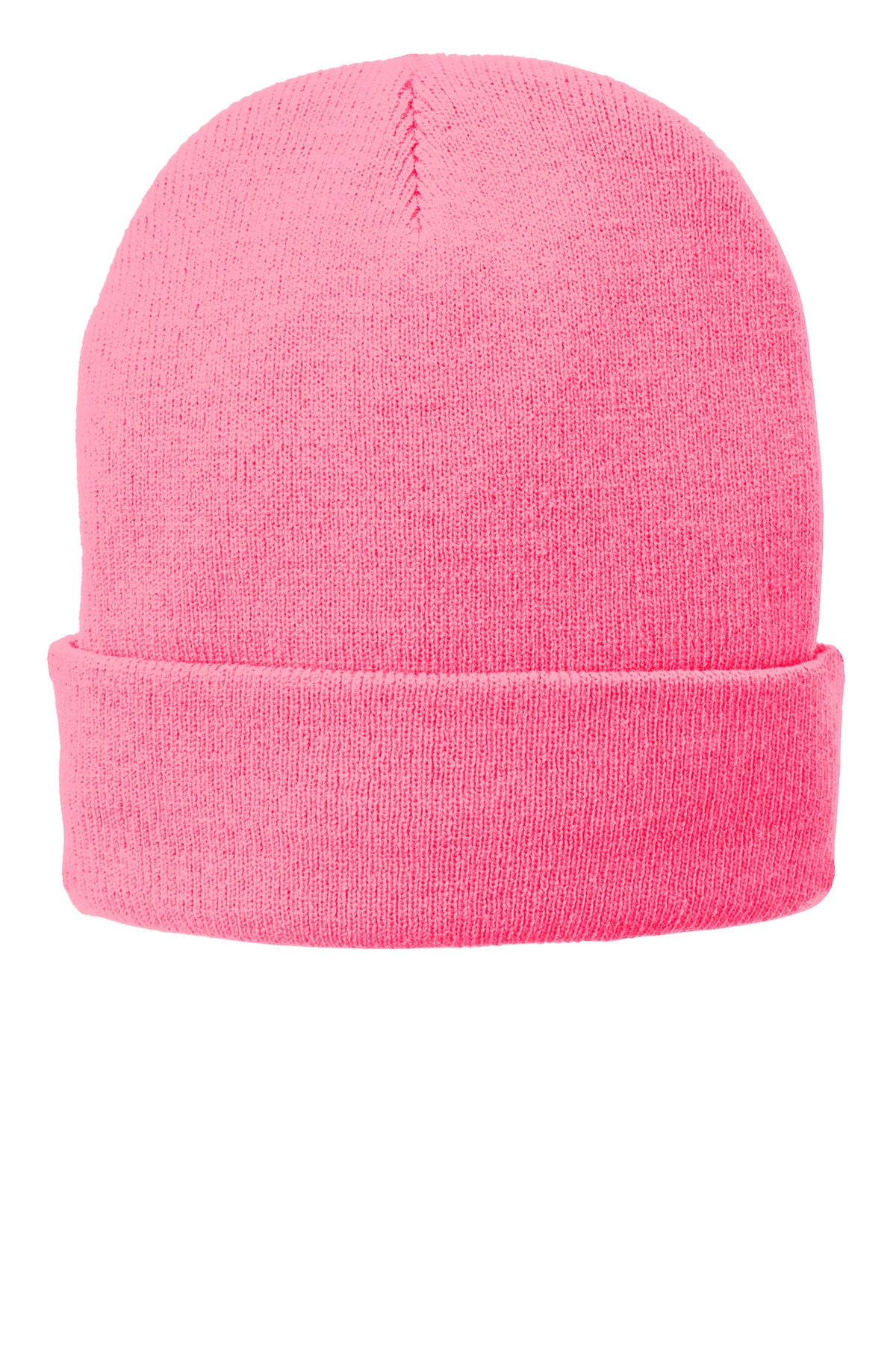 Port Authority fleece-lined knit cap in neon pink, shown from the front, offering warmth and vibrant color for cold weather.