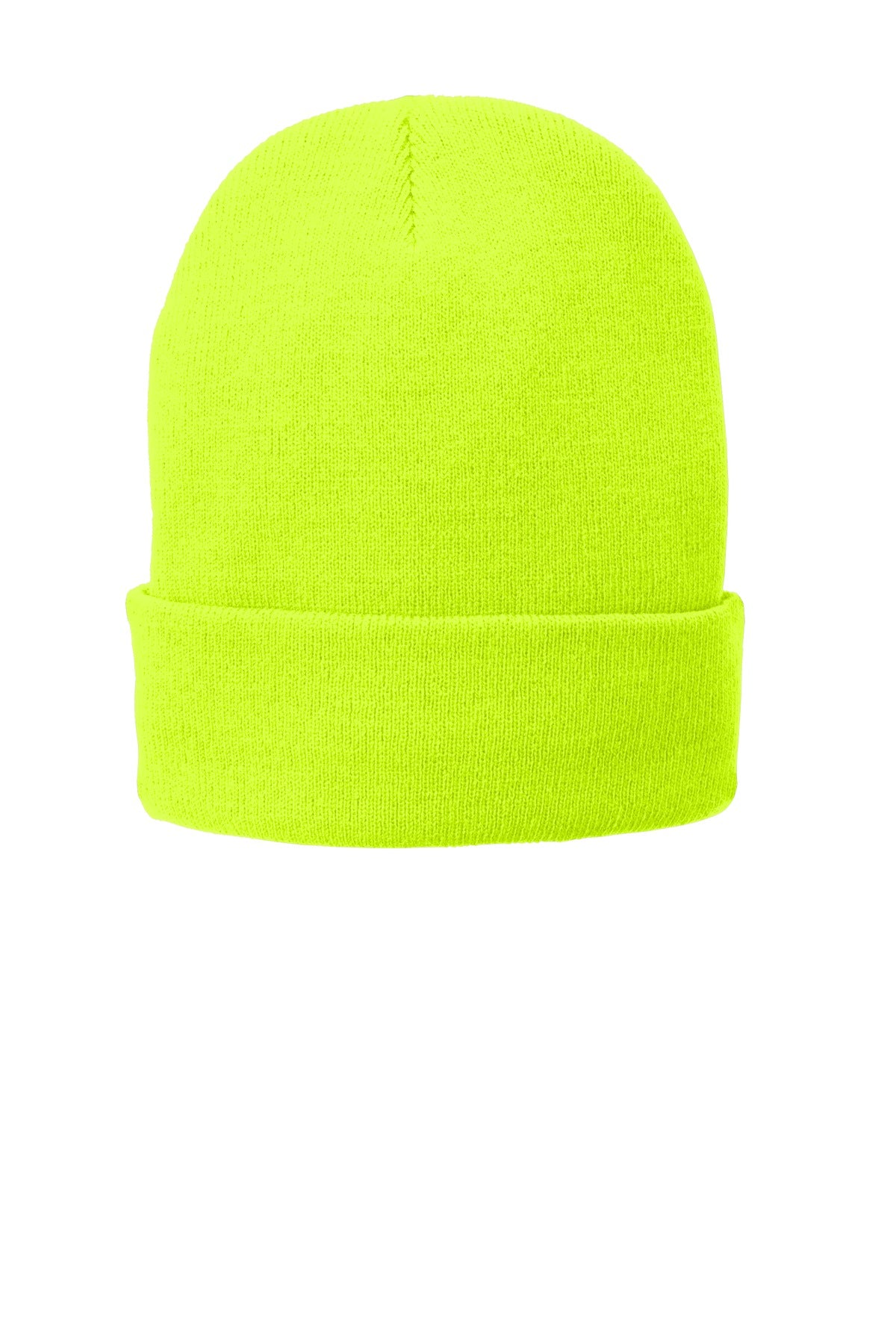 Port Authority fleece-lined knit cap in neon yellow, showing front view with snug fit and soft interior for warmth.