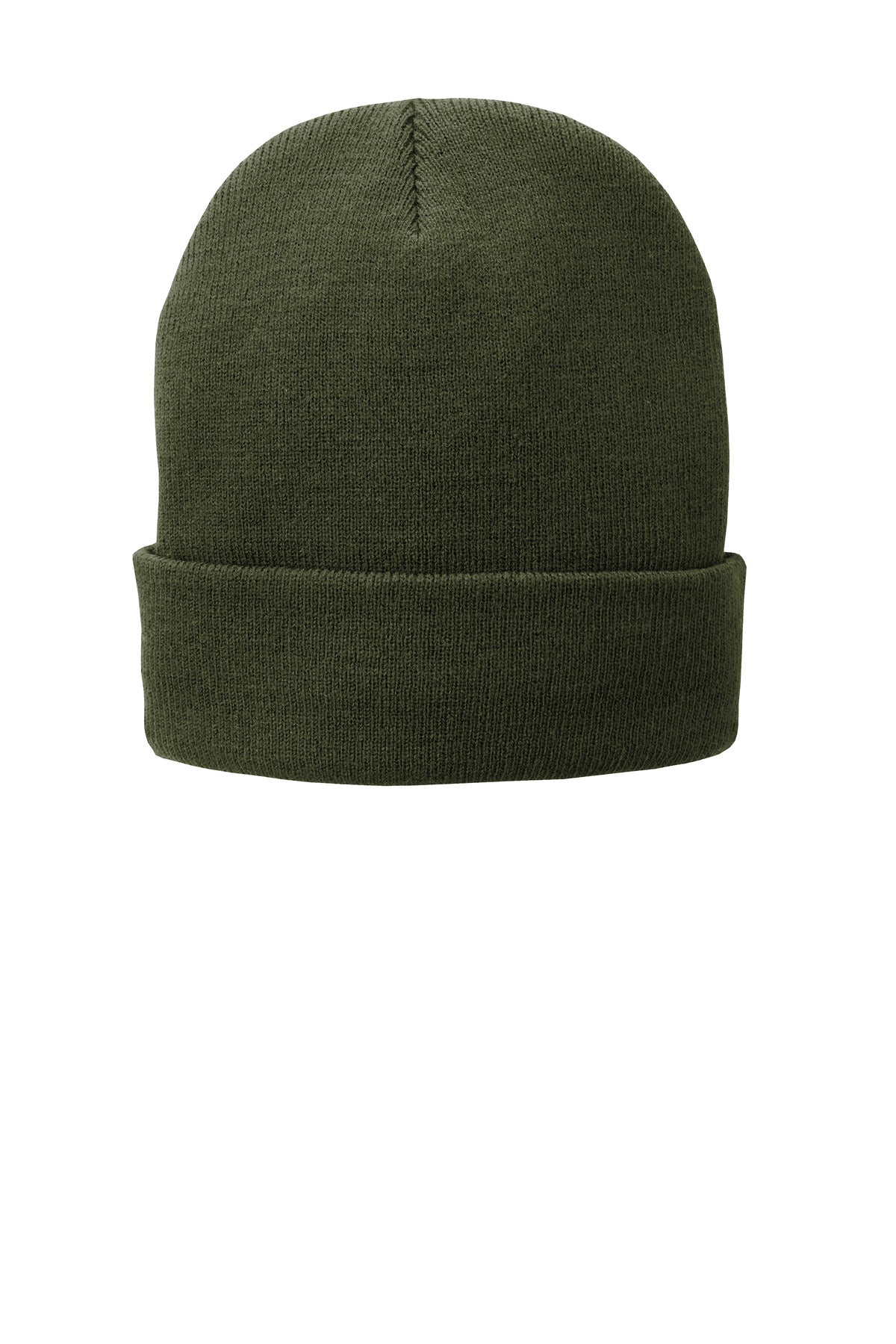 Olive green Port Authority fleece-lined knit cap shown flat front view, warm winter hat with ribbed texture and snug fit.