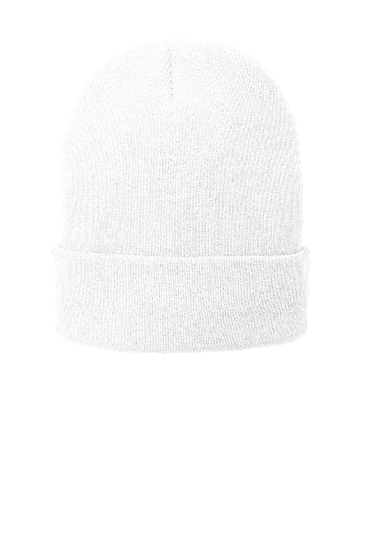 White Port Authority fleece-lined knit cap with a snug fit, ideal for cold weather and casual winter wear.