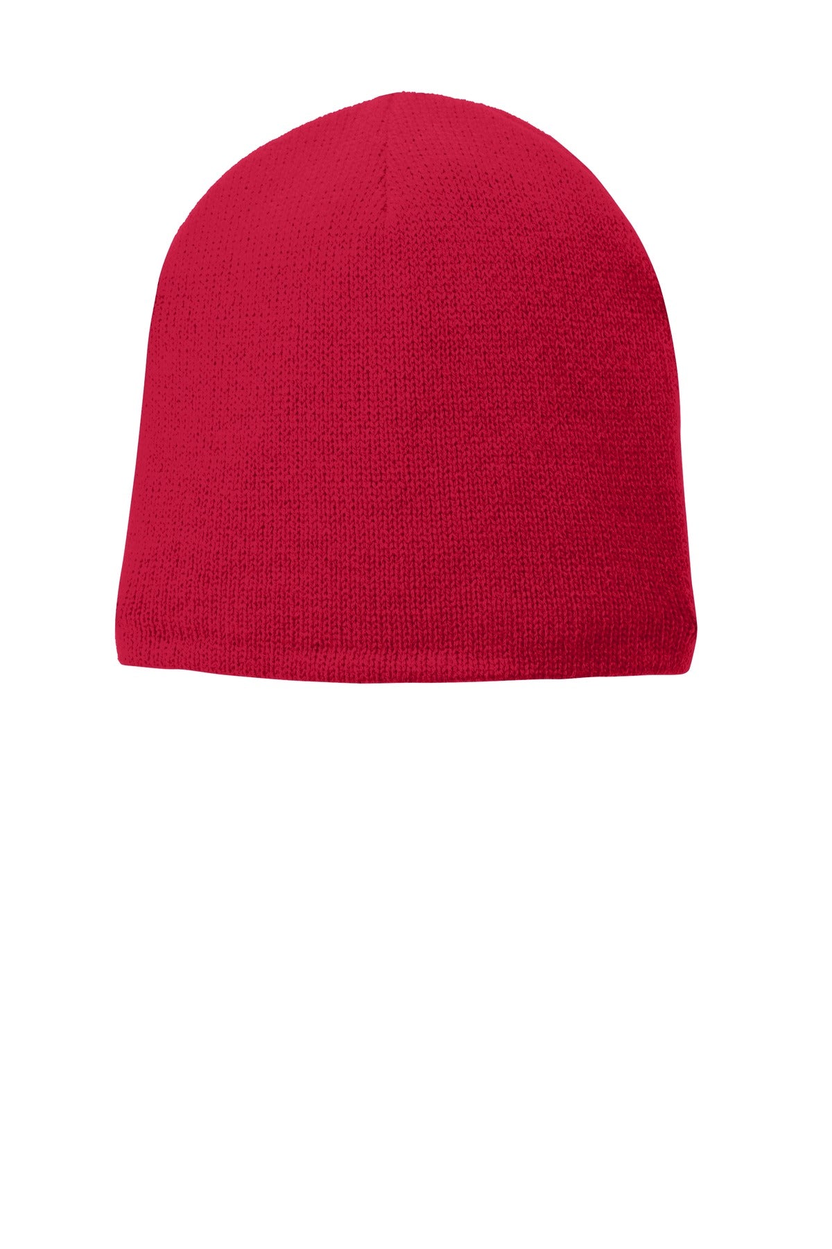 Port Authority fleece-lined beanie cap in athletic red, front view showing cozy interior and snug fit for cold weather warmth.