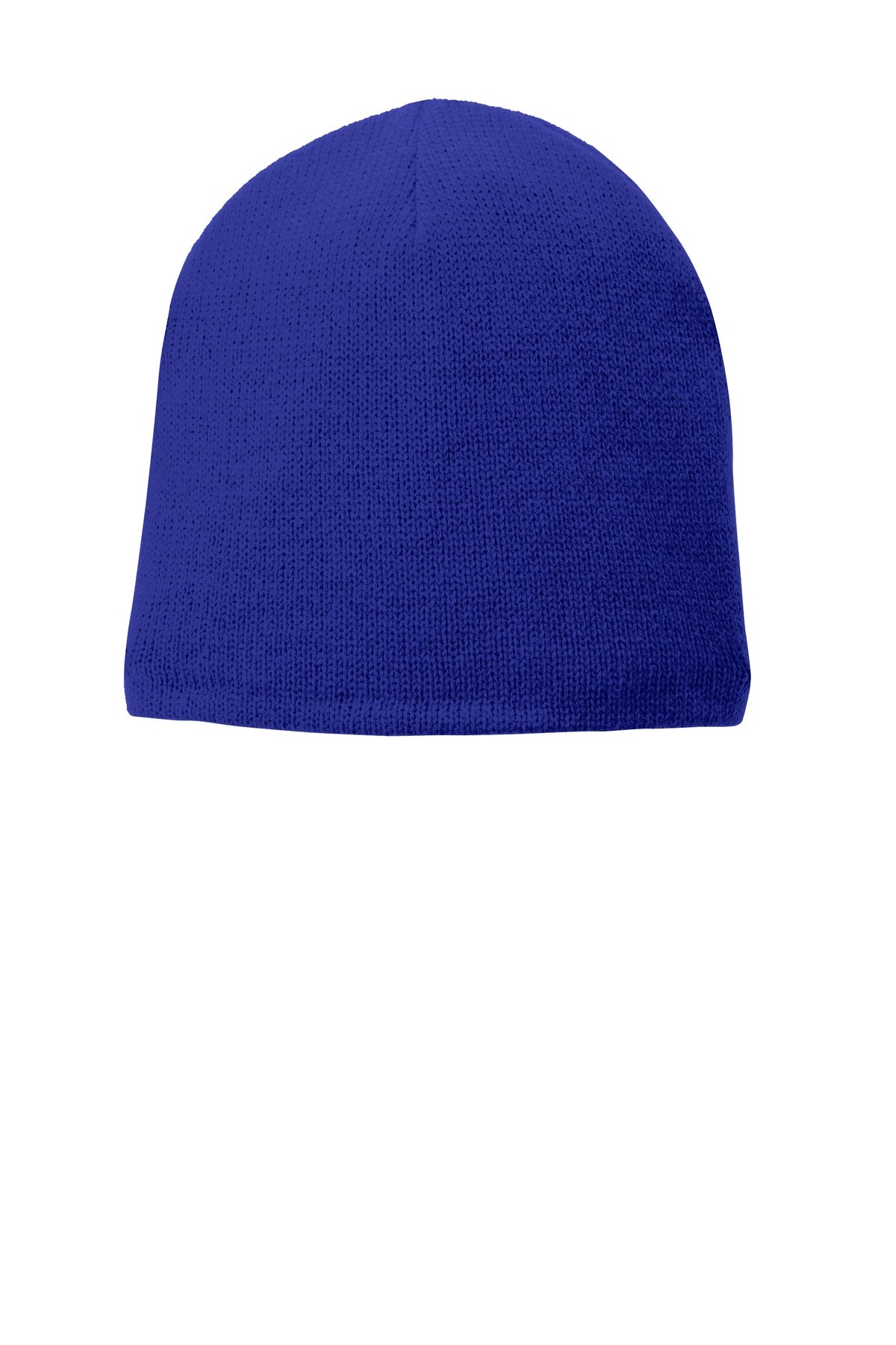 Port Authority fleece-lined beanie cap in athletic royal color, front view showing soft fleece interior and snug fit.