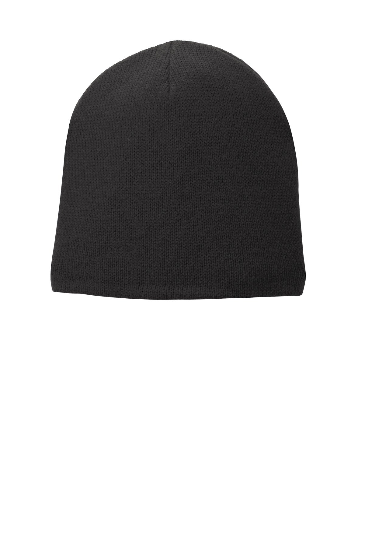 Black Port Authority fleece-lined beanie cap with a snug fit, shown from the front. Perfect for cold weather warmth and comfort.