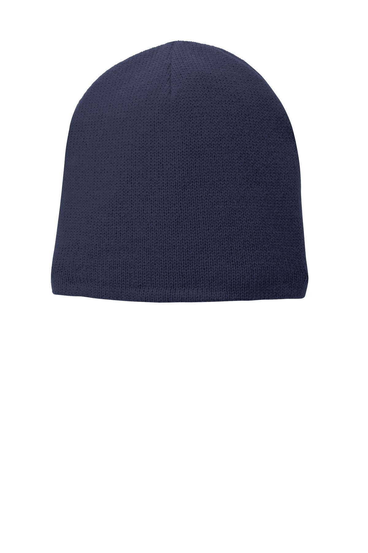 Navy Port Authority fleece-lined beanie cap with a snug fit and ribbed knit texture, ideal for cold weather.