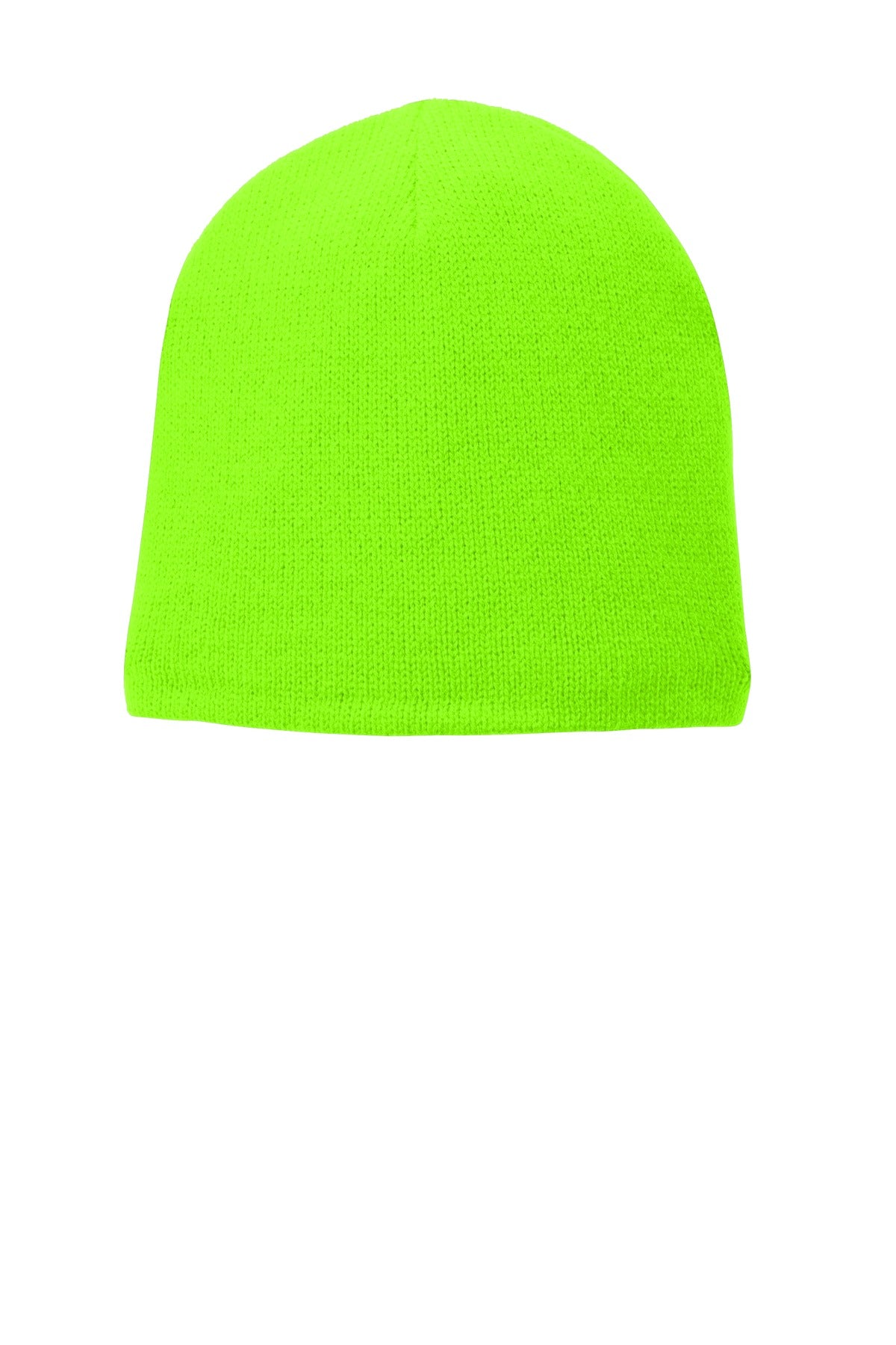 Port Authority fleece-lined beanie cap in neon green, front view showing soft, warm fleece lining and snug fit.