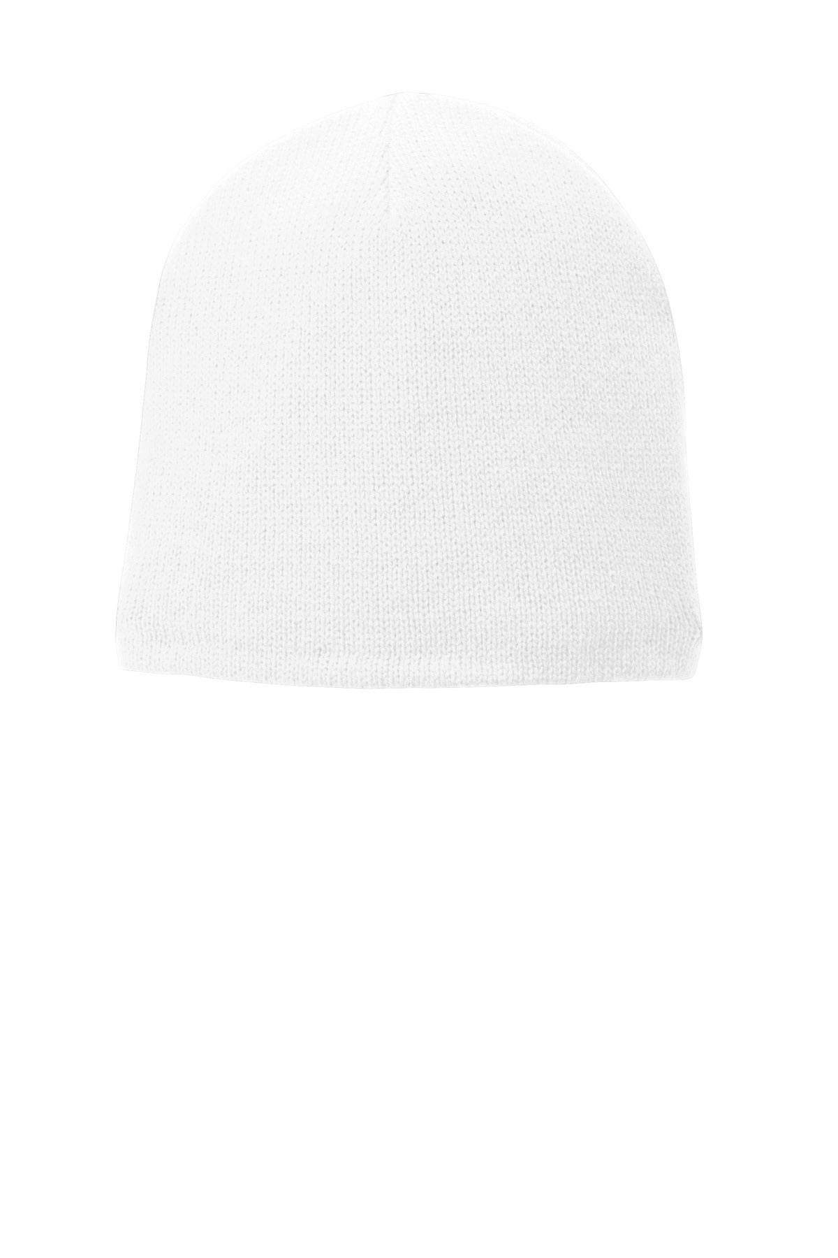 White Port Authority fleece-lined beanie cap, front view showing cozy, soft knit fabric and snug fit for cold weather warmth.