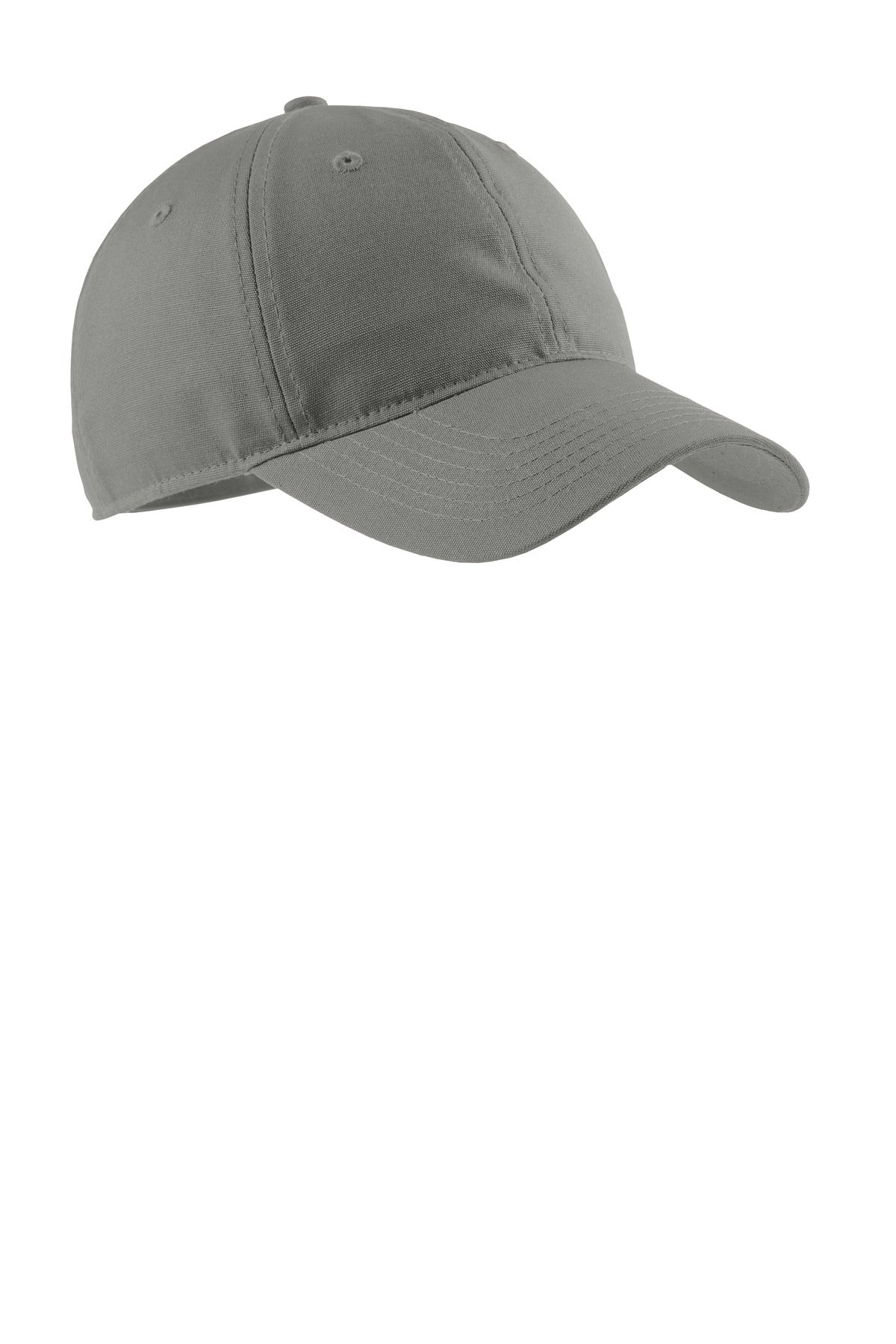 Port Authority soft brushed canvas cap in deep smoke color, shown from the right side with a flat brim and structured crown.