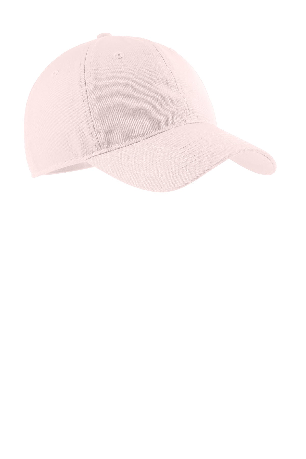 Light pink Port Authority® Soft Brushed Canvas Cap shown from the right side, featuring a curved brim and adjustable strap.