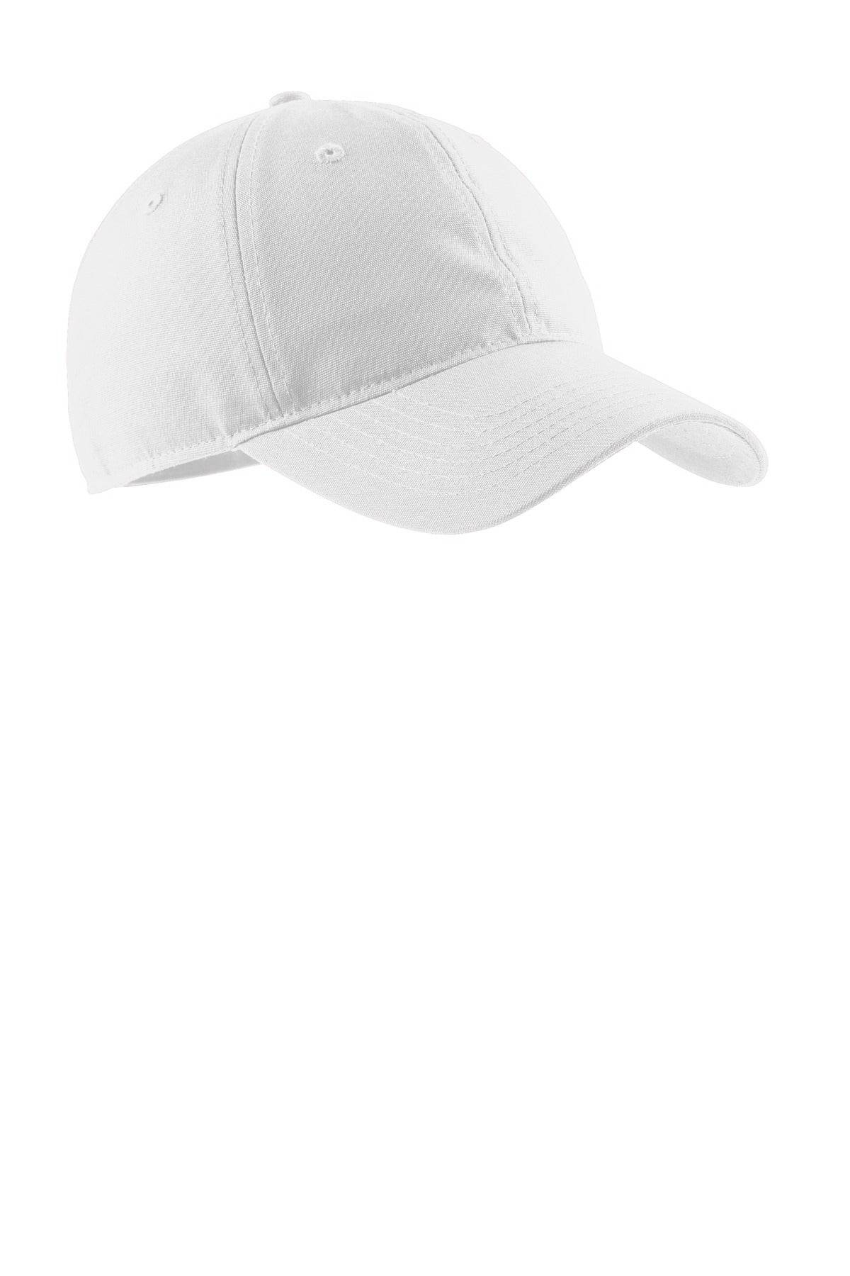White Port Authority® soft brushed canvas cap with flat front, adjustable strap, and structured design.