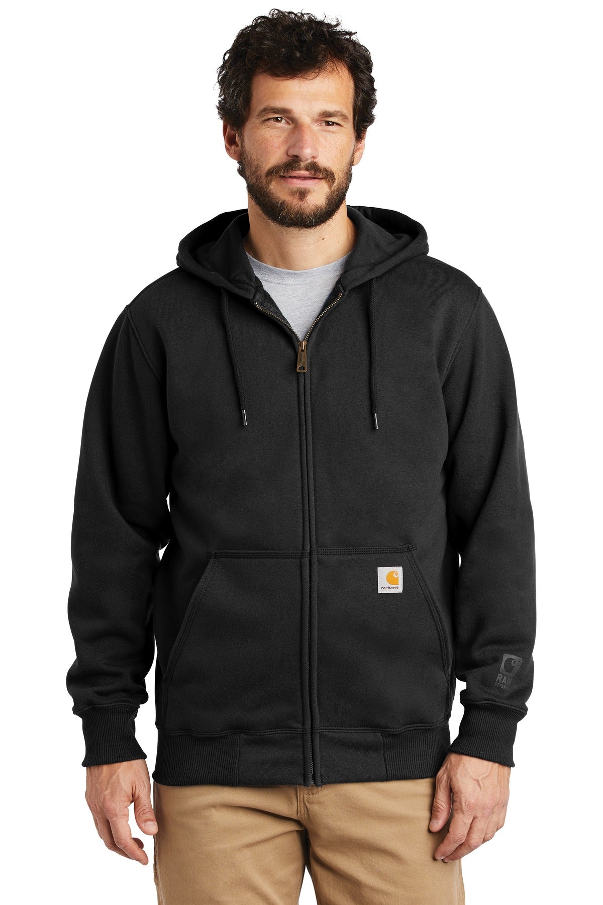 Black Carhartt Rain Defender Paxton heavy-duty hooded zip-front sweatshirt front view with model, showcasing durable workwear style.