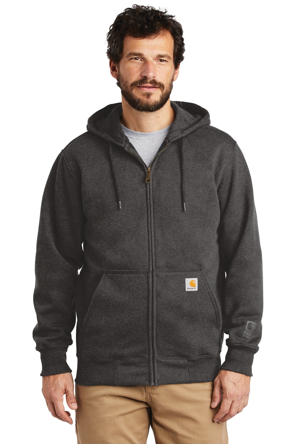 Carhartt Rain Defender Paxton heavyweight hooded zip-front sweatshirt in carbon heather, front view showing zipper and hood.