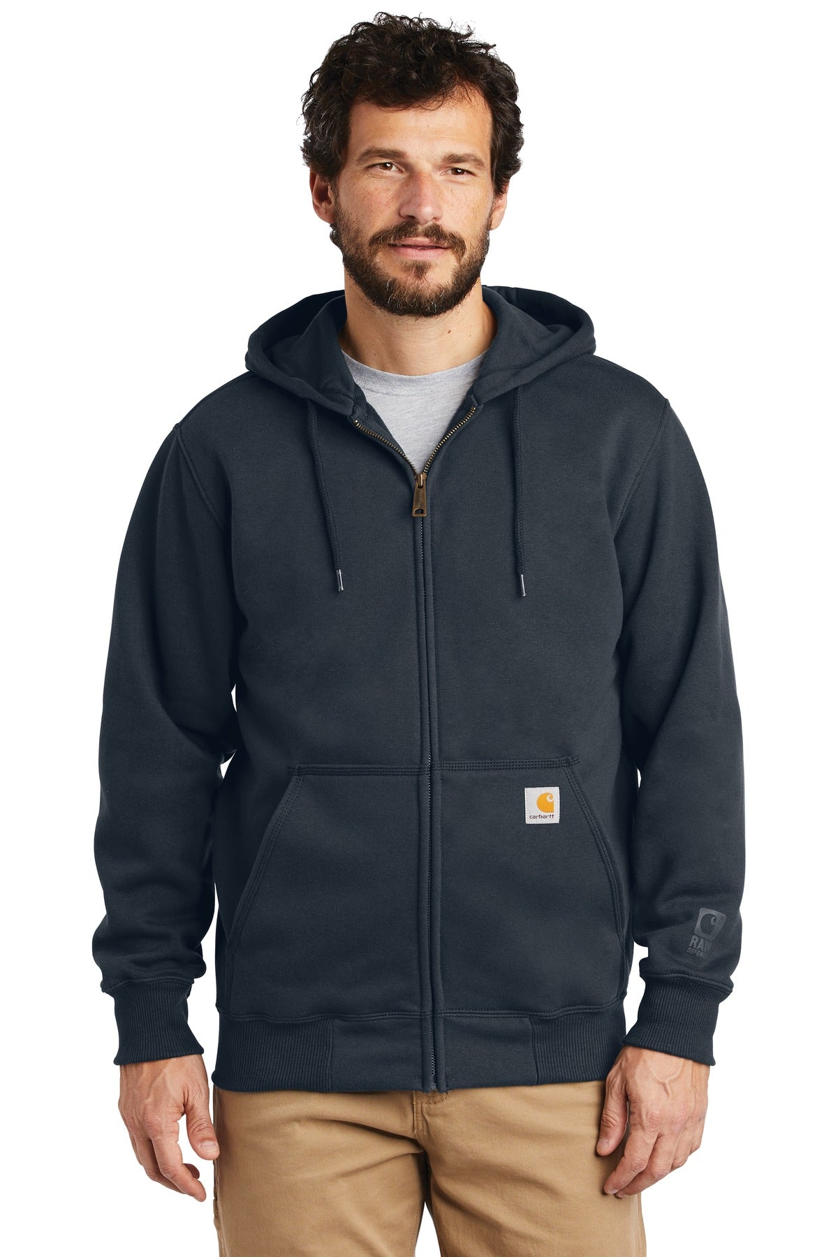 Carhartt Rain Defender Paxton heavyweight hooded zip-front sweatshirt in navy, front view showing durable fabric and hood.