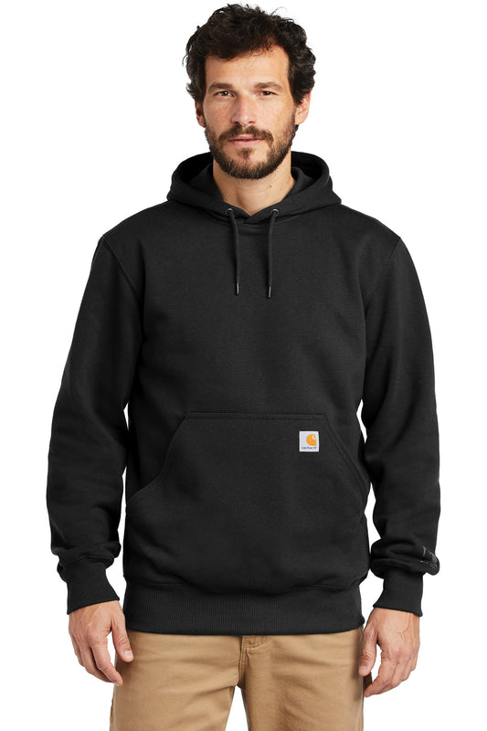 Black Carhartt Rain Defender Paxton heavyweight hooded sweatshirt featuring a front view with a large front pocket and hood.
