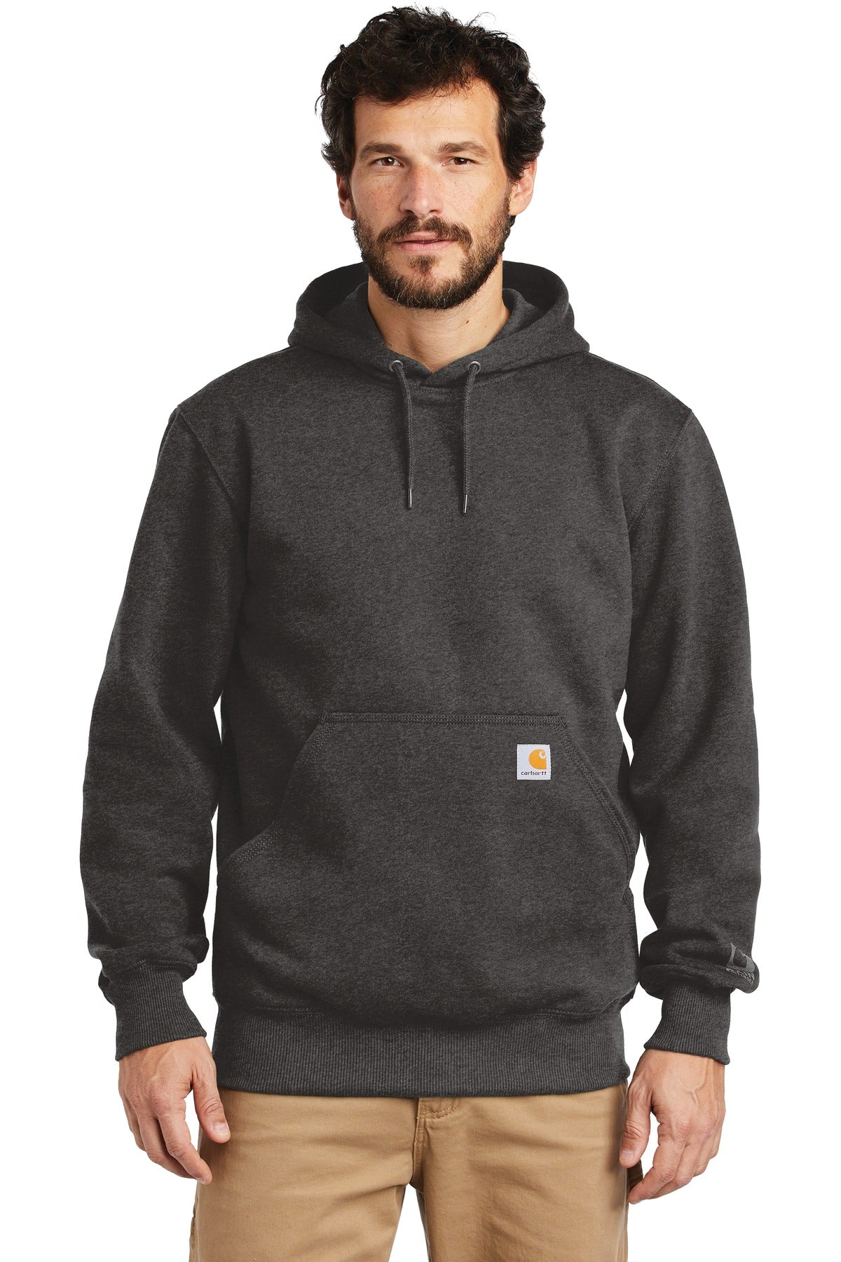 Carhartt Rain Defender Paxton heavyweight hooded sweatshirt in carbon heather, front view, with logo and hood detail