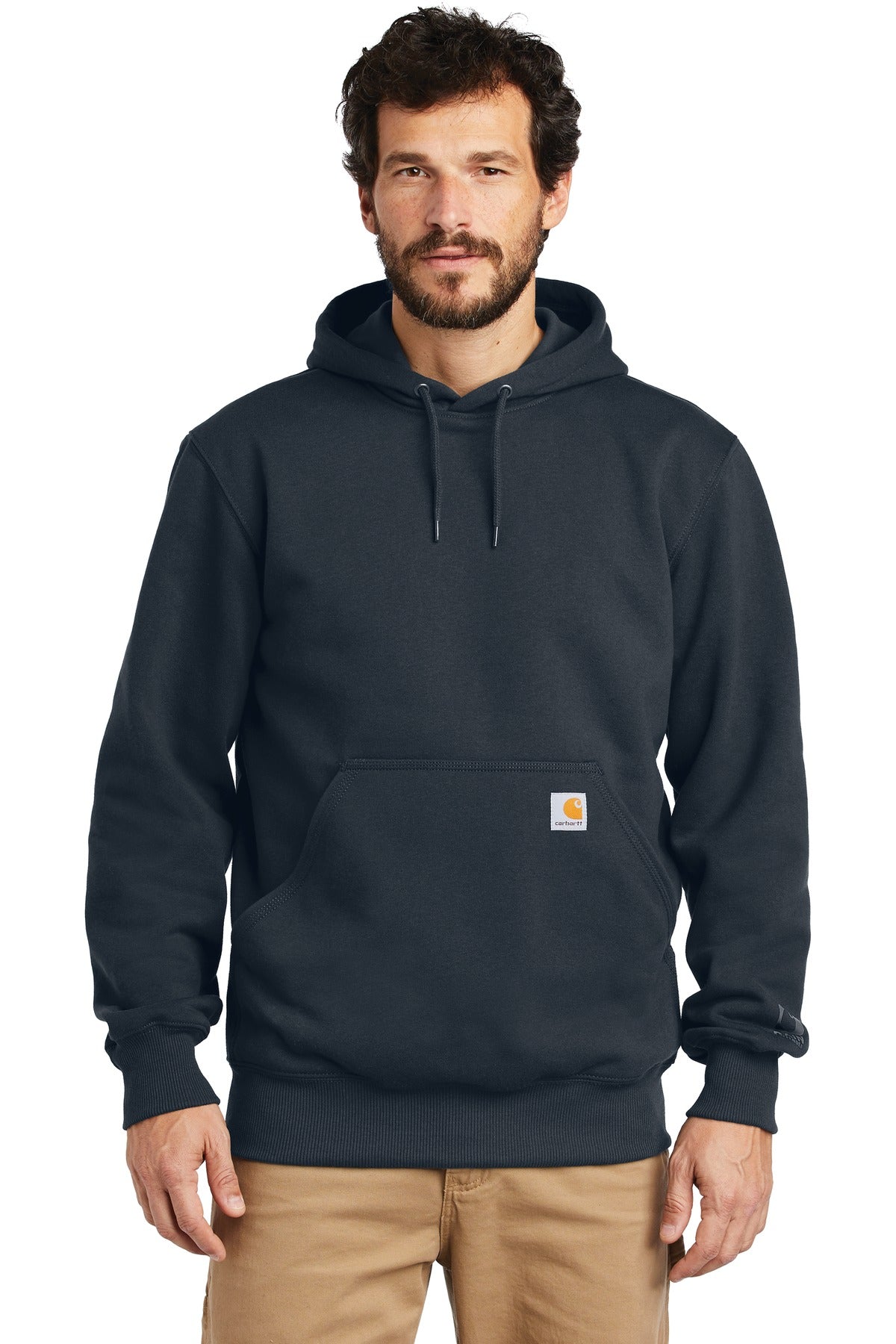Carhartt Rain Defender Paxton heavyweight hooded sweatshirt in new navy, front view showing durable fabric and adjustable hood.