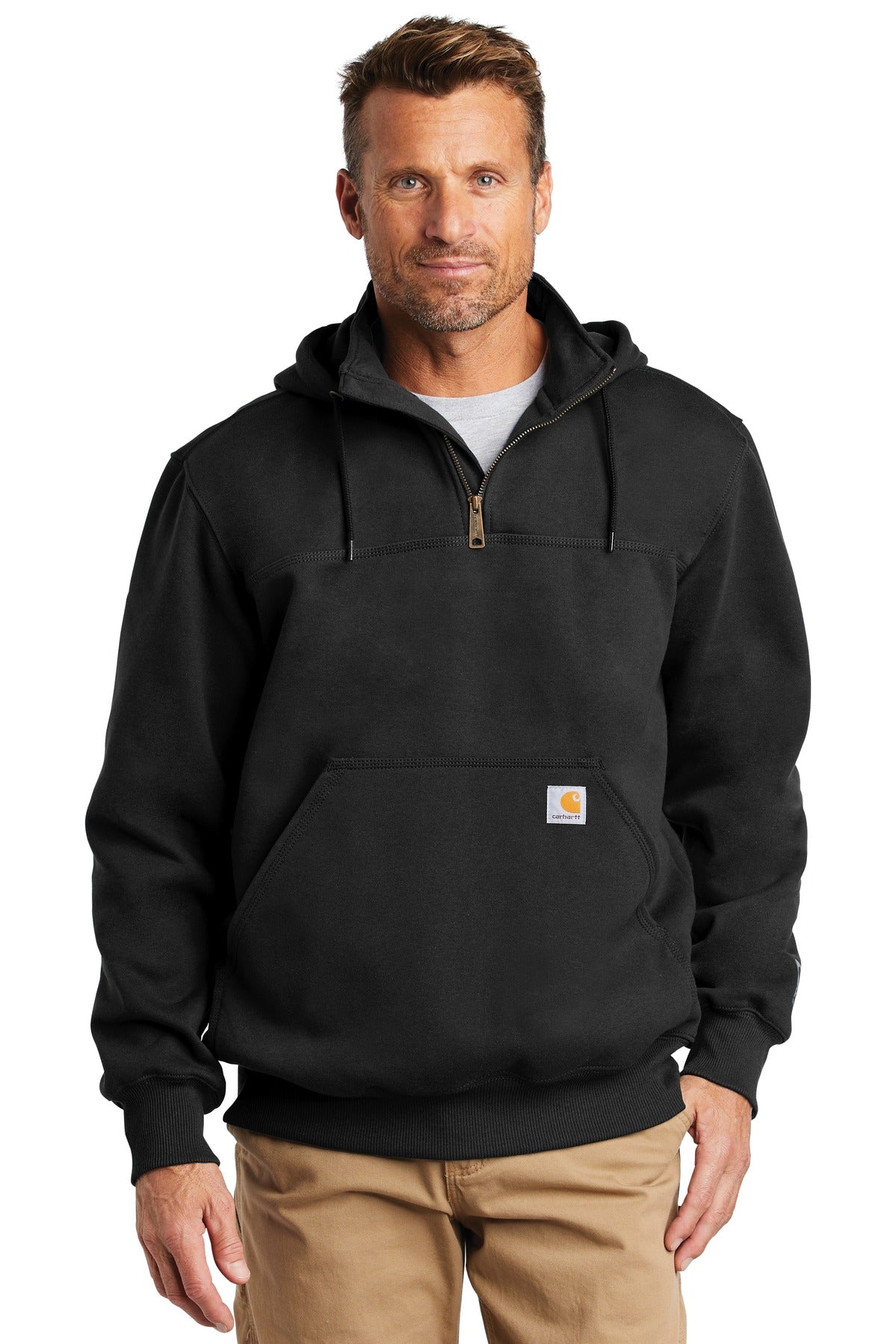 Black Carhartt Rain Defender Paxton heavyweight hooded zip mock sweatshirt shown from the front on a model.