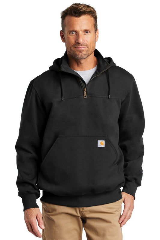 Black Carhartt Rain Defender Paxton heavyweight hooded zip mock sweatshirt shown from the front on a model.