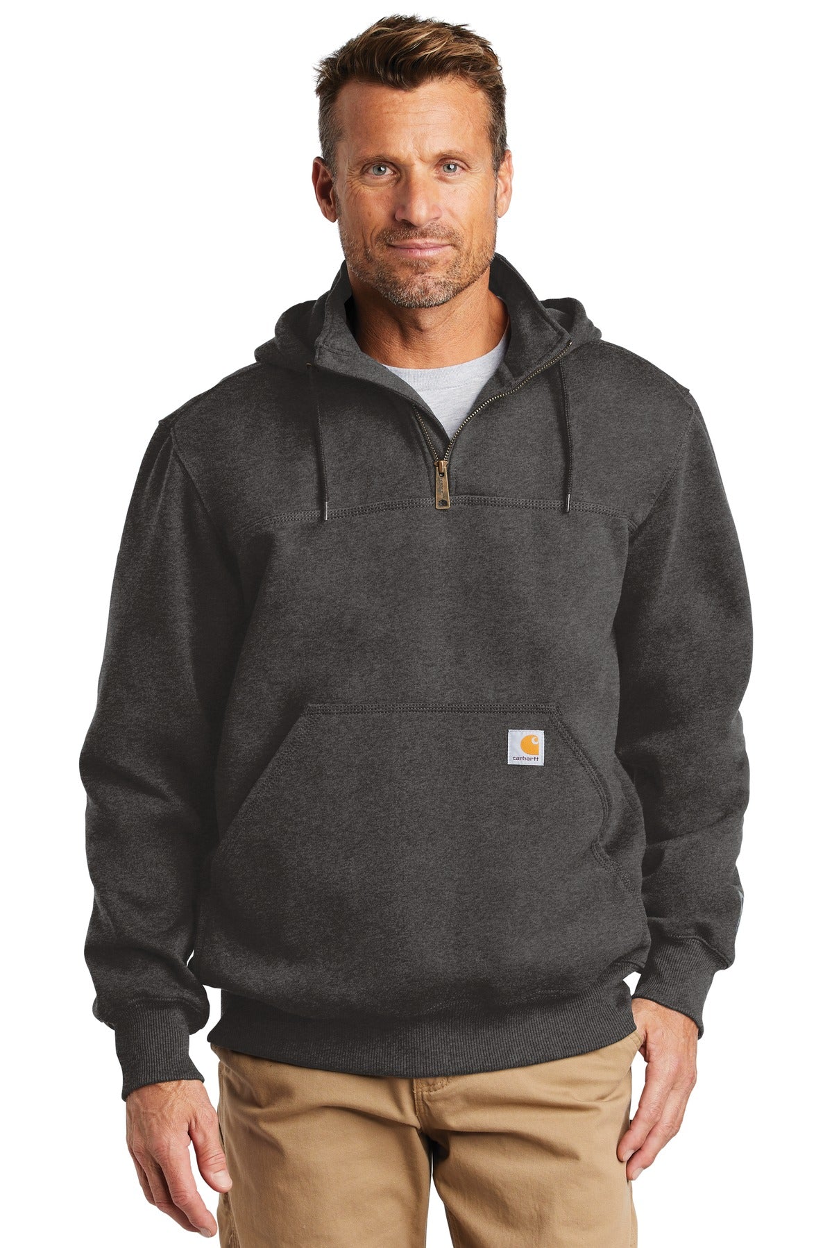 Carhartt Rain Defender Paxton heavyweight hooded zip sweatshirt in carbon heather, front view showing hoodie and full zip closure.