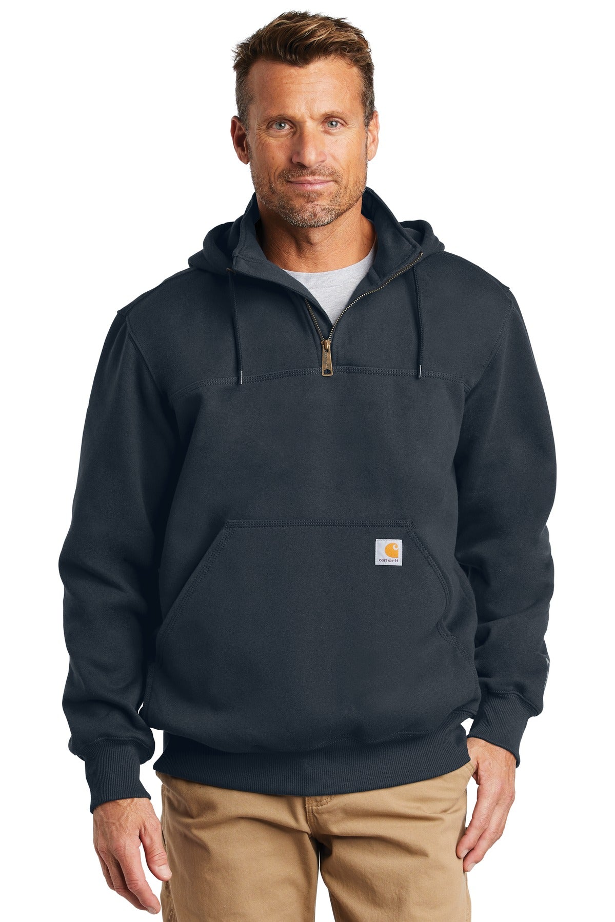 Carhartt Rain Defender Paxton heavyweight hooded zip sweatshirt in navy, front view showing durable fabric and hood details.