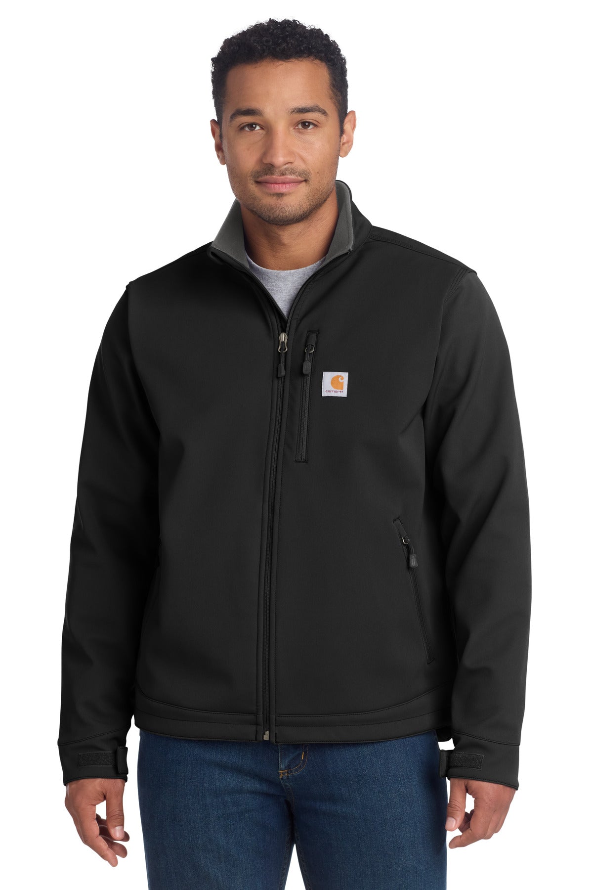 Black Carhartt Crowley Soft Shell Jacket on a model, front view showcasing its sleek design and durable material.