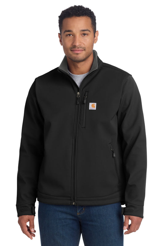 Black Carhartt Crowley Soft Shell Jacket on a model, front view showcasing its sleek design and durable material.