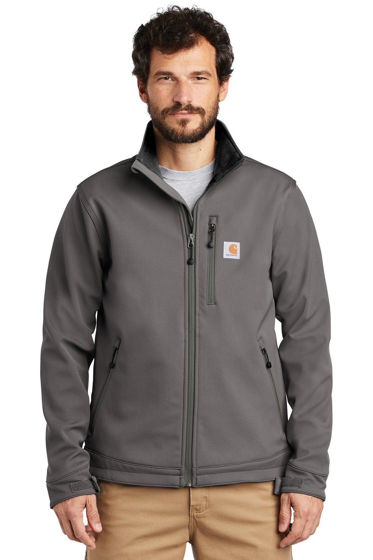 Carhartt Crowley soft shell jacket in charcoal, front view showing durable fabric and sleek design.