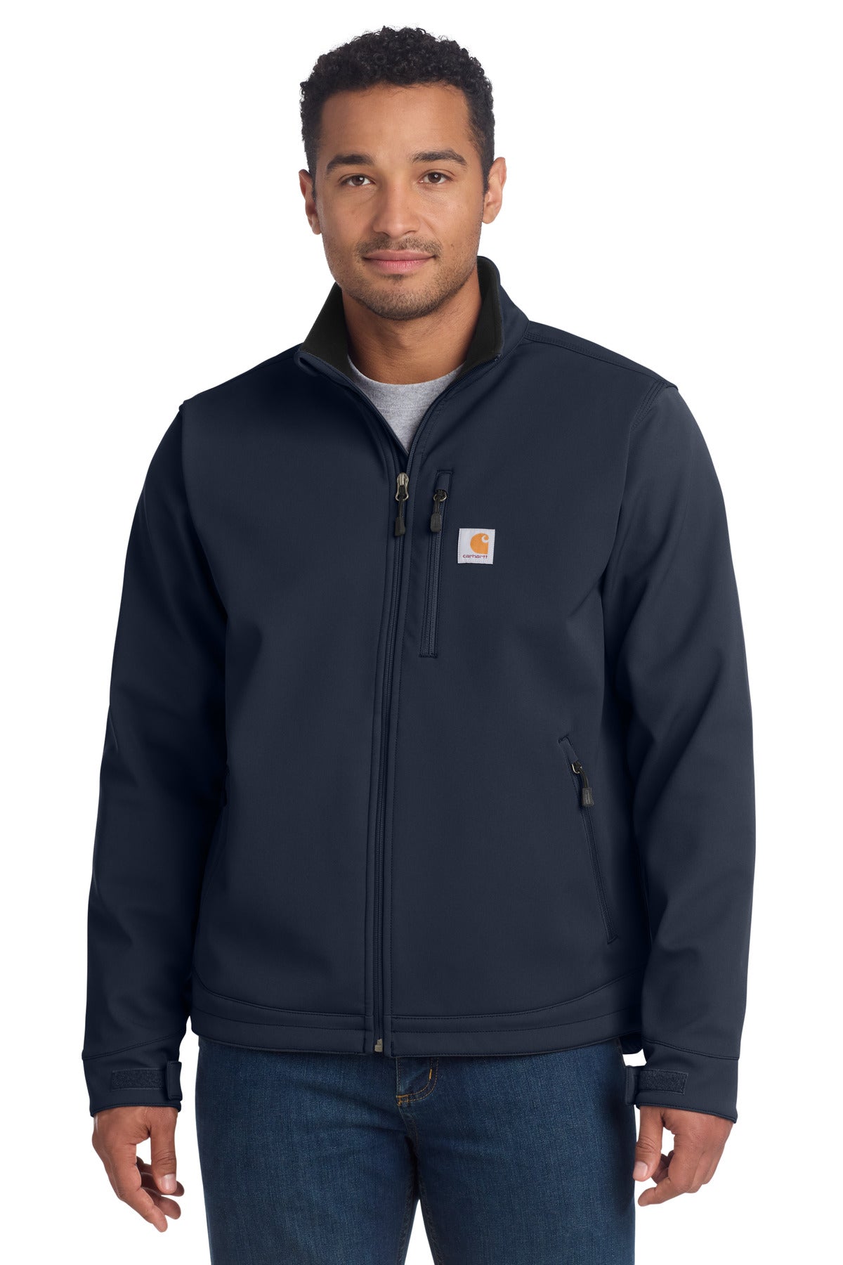 Navy Carhartt Crowley Soft Shell Jacket shown from the front, featuring a full zipper, adjustable cuffs, and a sleek, durable design.