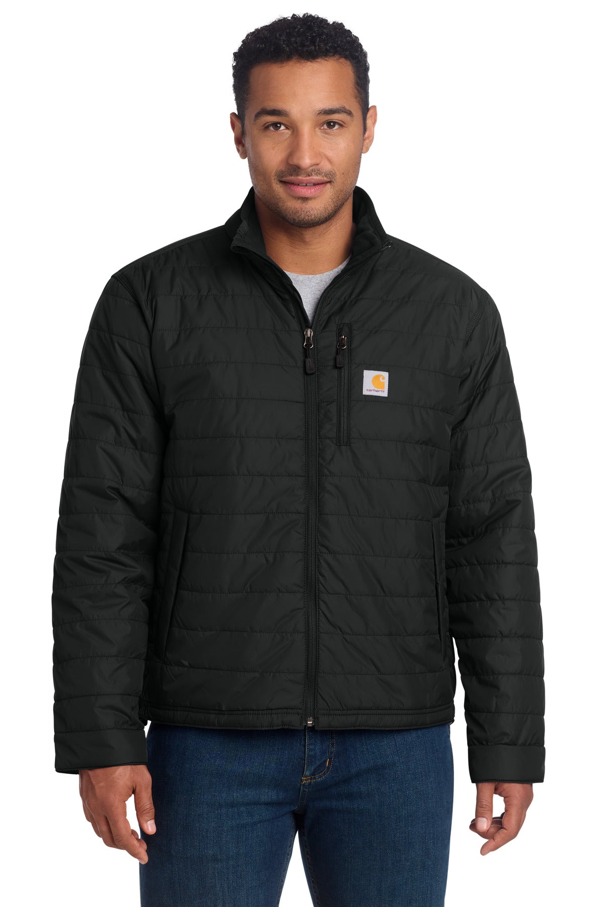 Black Carhartt Gilliam Jacket front view, durable workwear with rugged design and adjustable cuffs.