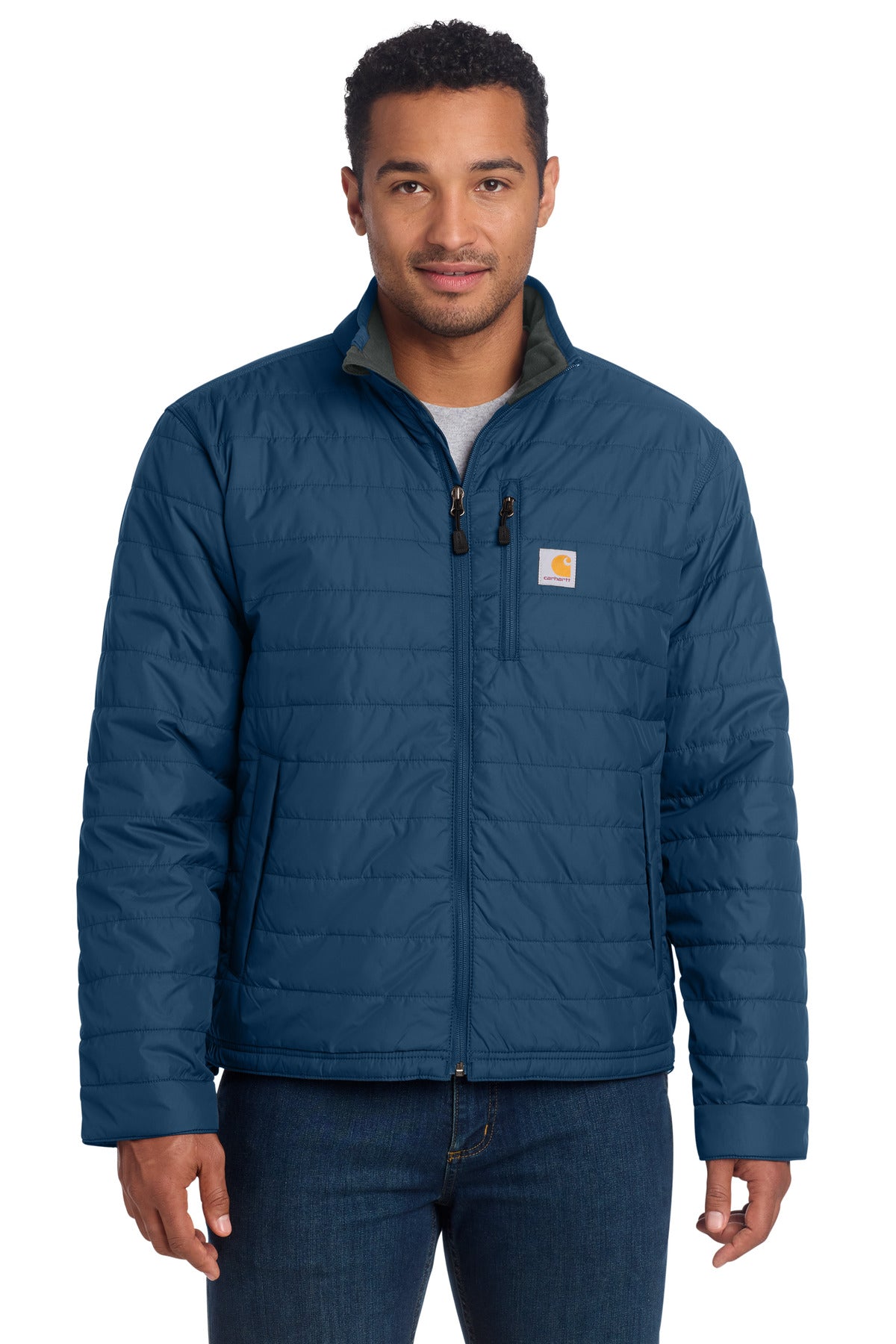 Dark blue Carhartt Gilliam Jacket front view, durable workwear with rugged design and sturdy fabric for outdoor or work environments.