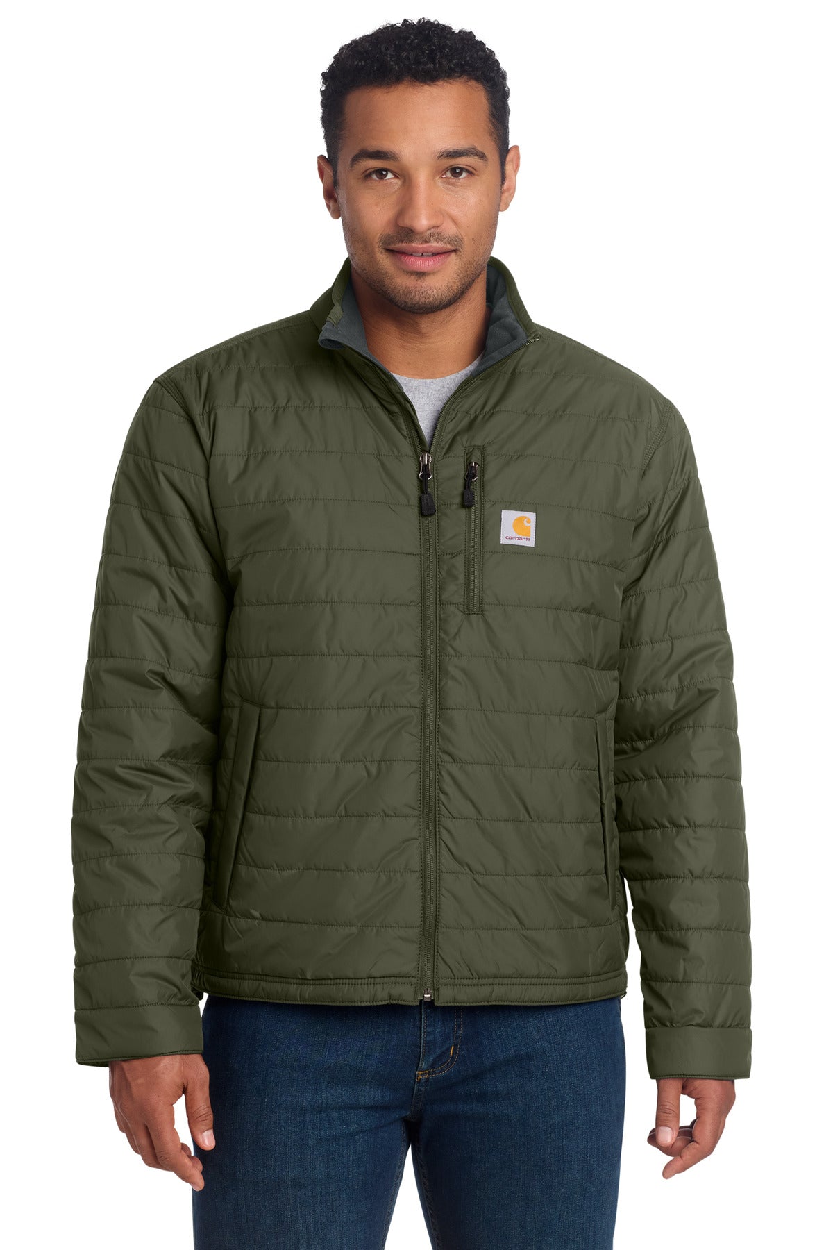 Carhartt Gilliam Jacket in moss color, front view showing durable fabric, full zipper, and adjustable collar.