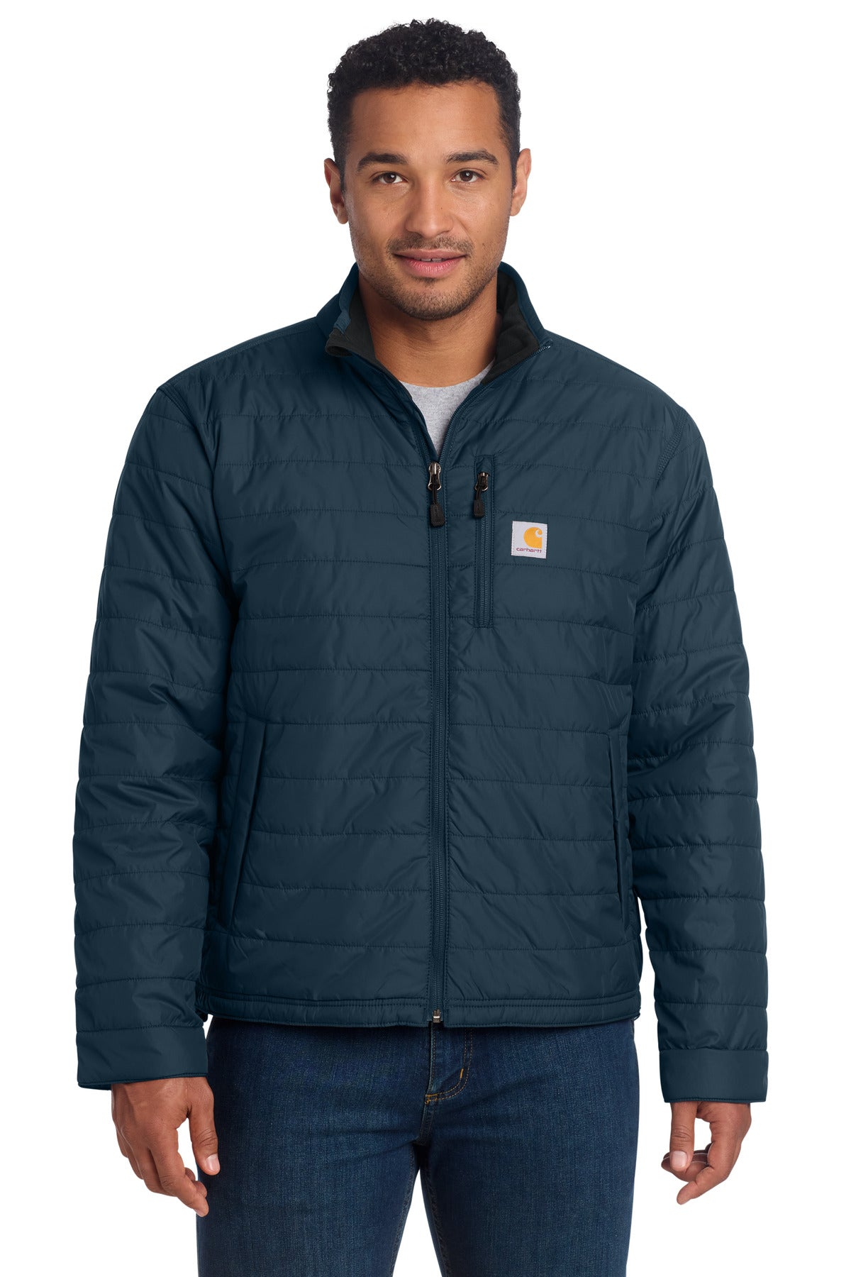 Navy Carhartt Gilliam Jacket model CT102208 displayed from the front, showing its durable workwear design and sturdy fabric.