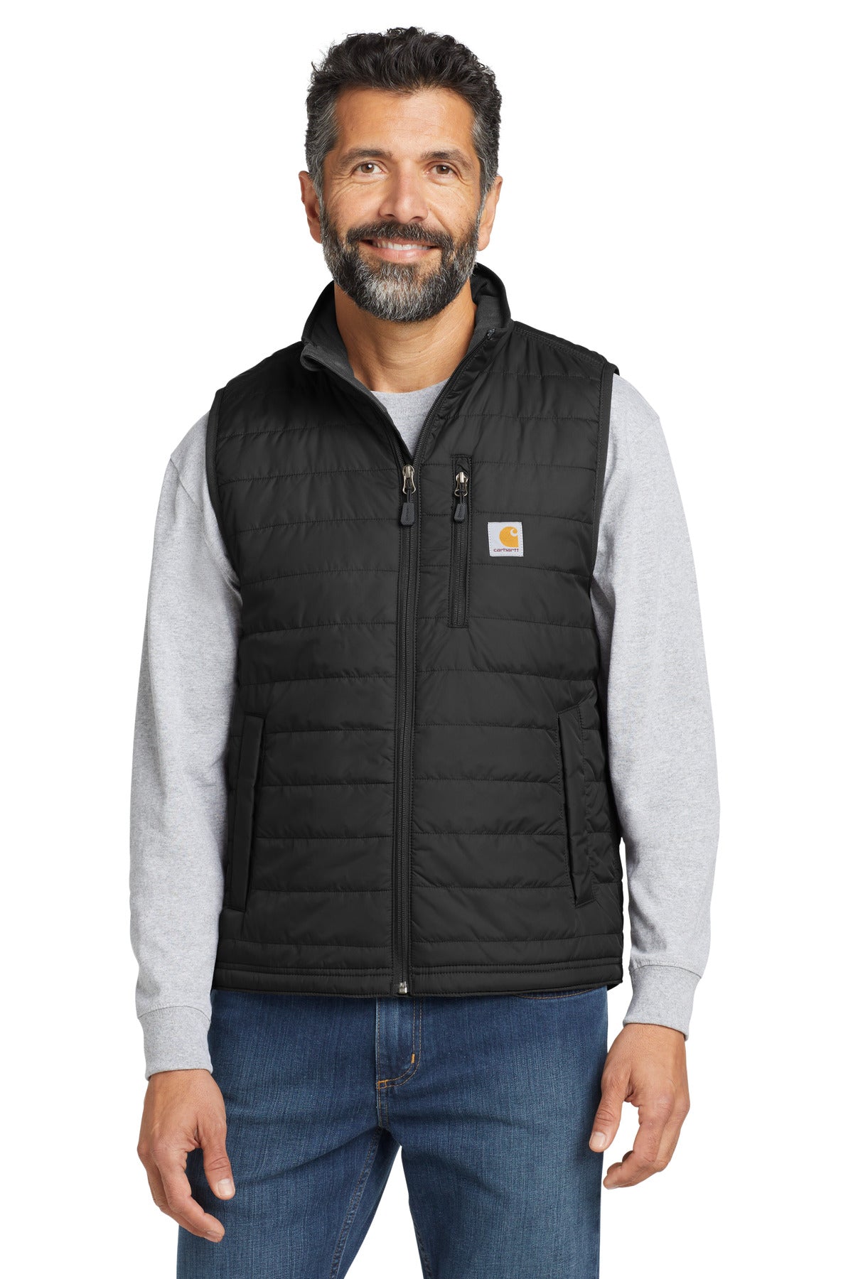 Black Carhartt Gilliam vest worn by a model, front view, featuring durable fabric and classic design for outdoor work and casual wear.