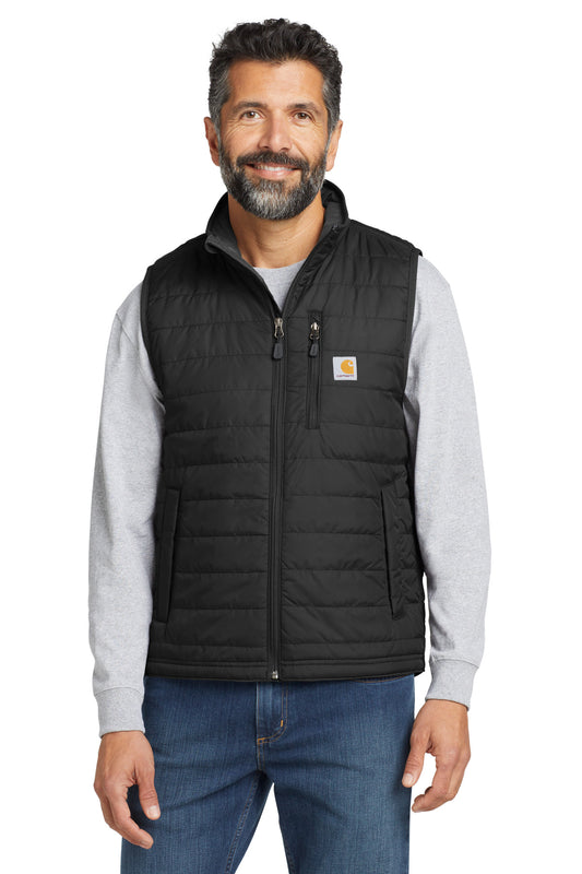 Black Carhartt Gilliam vest worn by a model, front view, featuring durable fabric and classic design for outdoor work and casual wear.