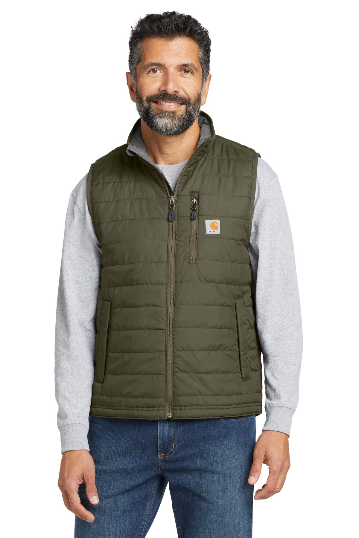 Carhartt Gilliam vest in moss color, front view showing durable fabric, sleeveless design, and functional pockets.