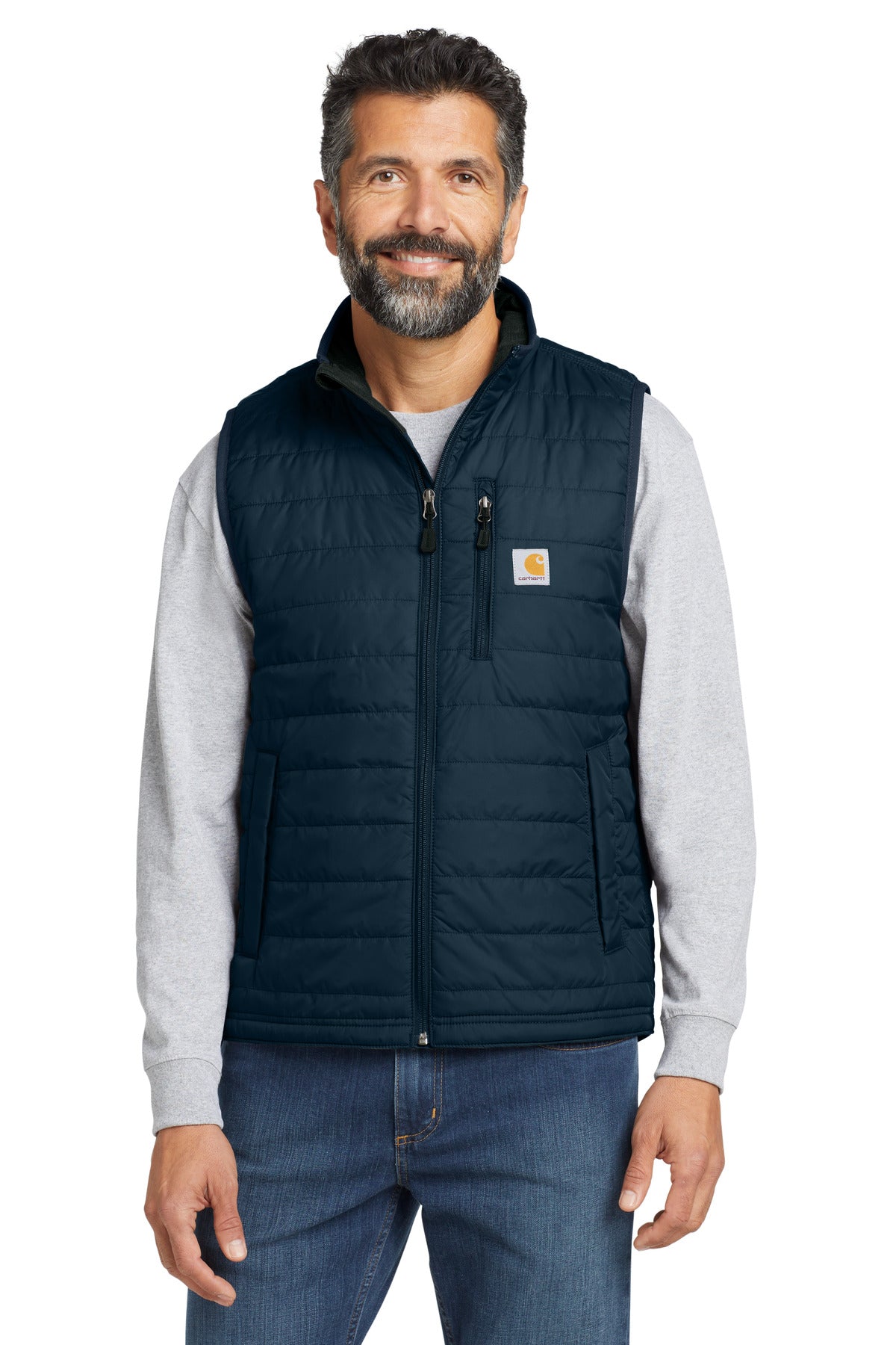 Navy Carhartt Gilliam vest CT102286 displayed on a model, front view showing durable fabric and classic design.