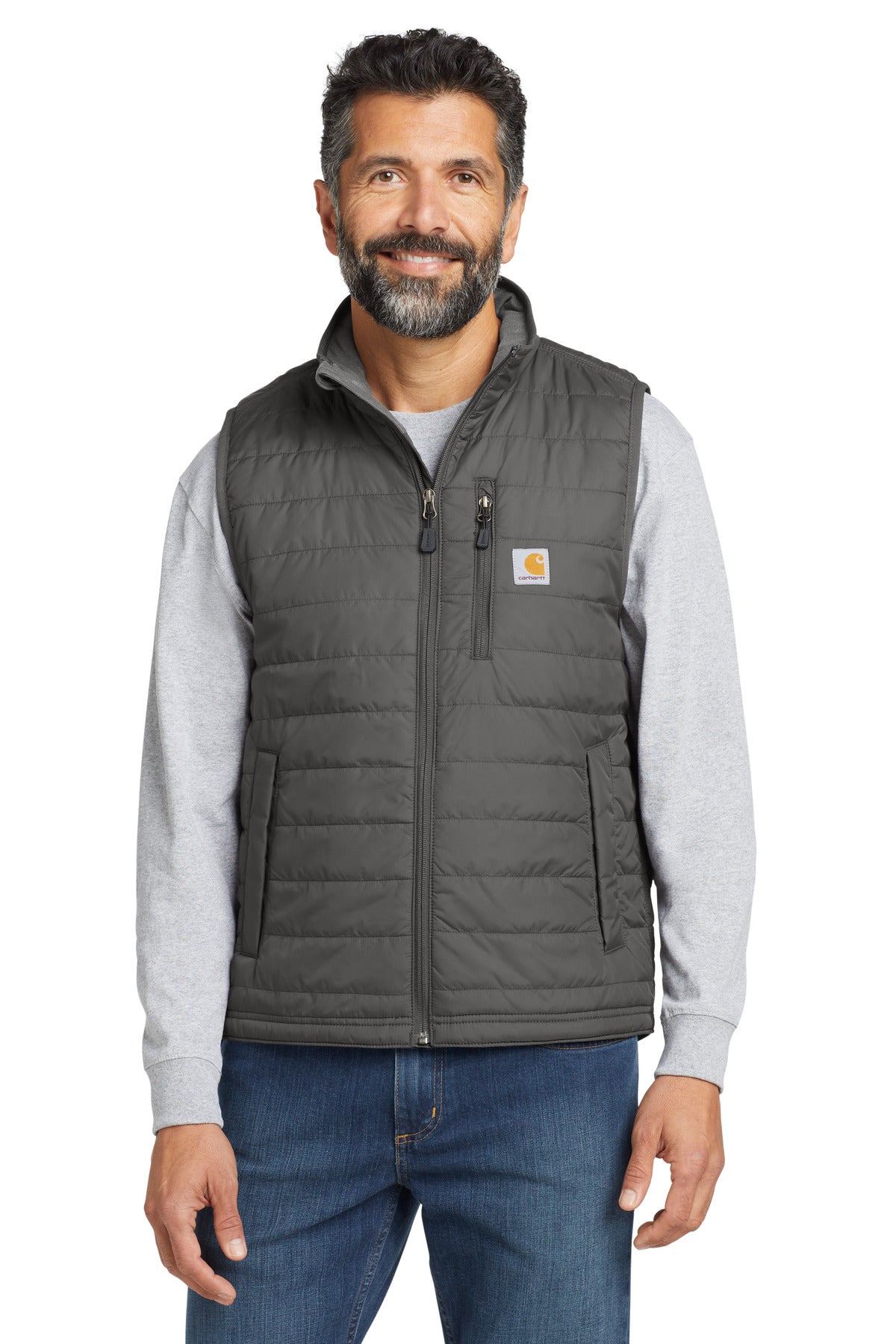 Carhartt Gilliam vest in shadow grey worn by a model, front view showcasing durable workwear design and sturdy fabric.