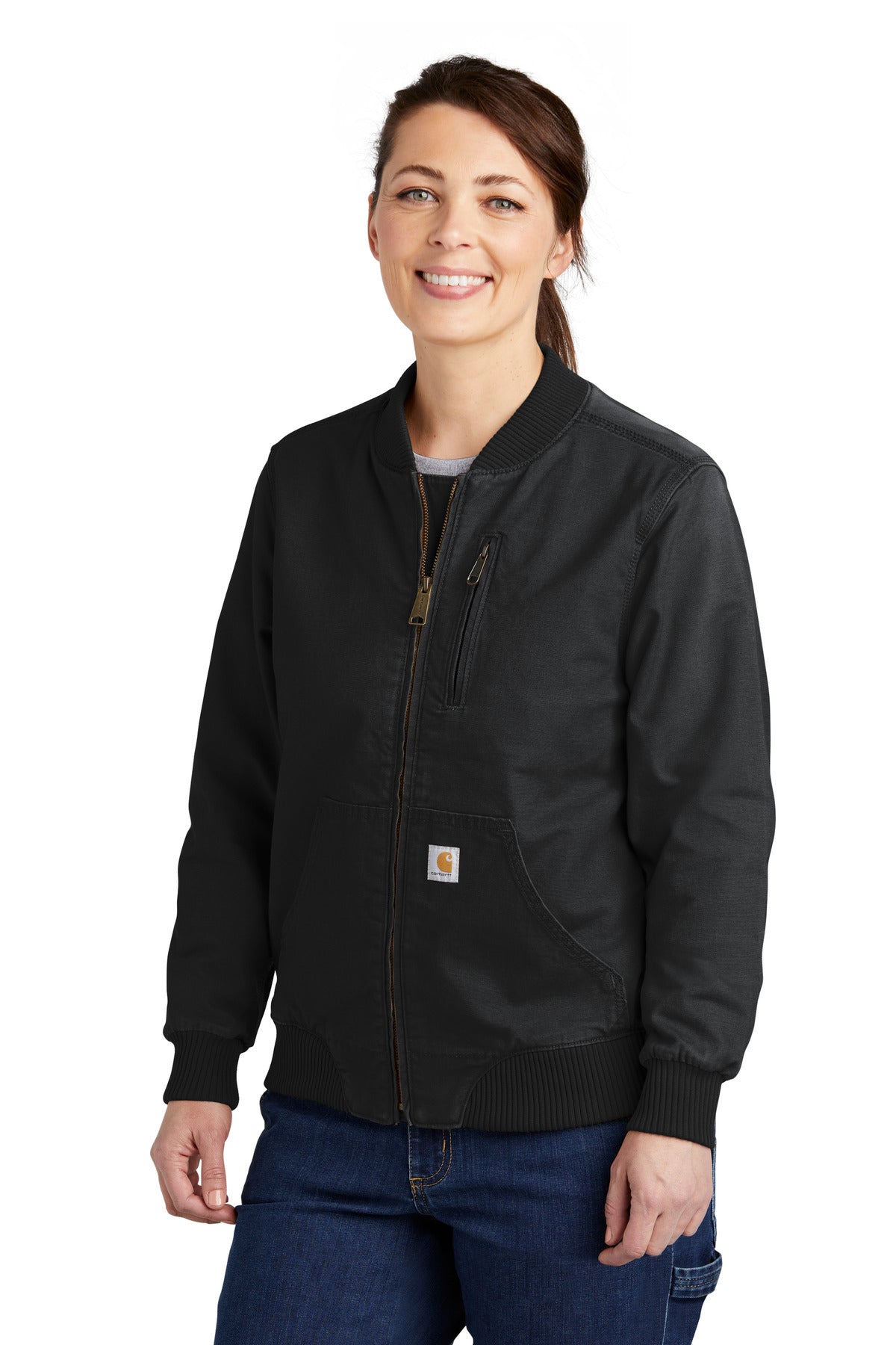 Front view of Carhartt Women's Rugged Flex Crawford Jacket in black, showcasing durable fabric and practical design.