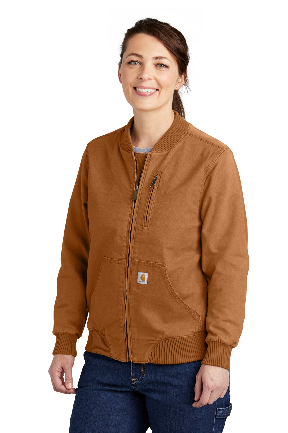 Carhartt Women's Rugged Flex Crawford Jacket in brown, front view showing durable outdoor jacket with rugged design.